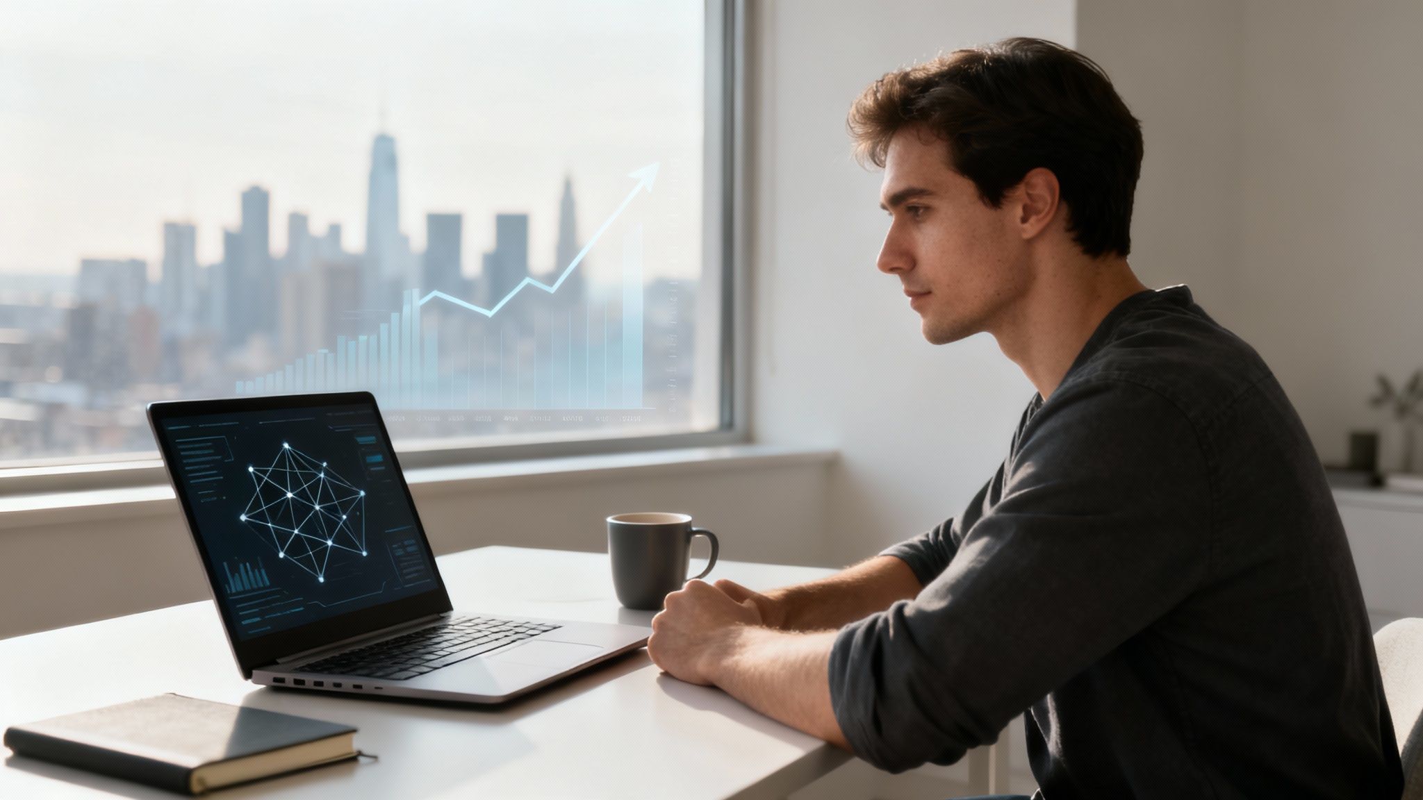 Cybersecurity expert working on a laptop with complex code on the screen.