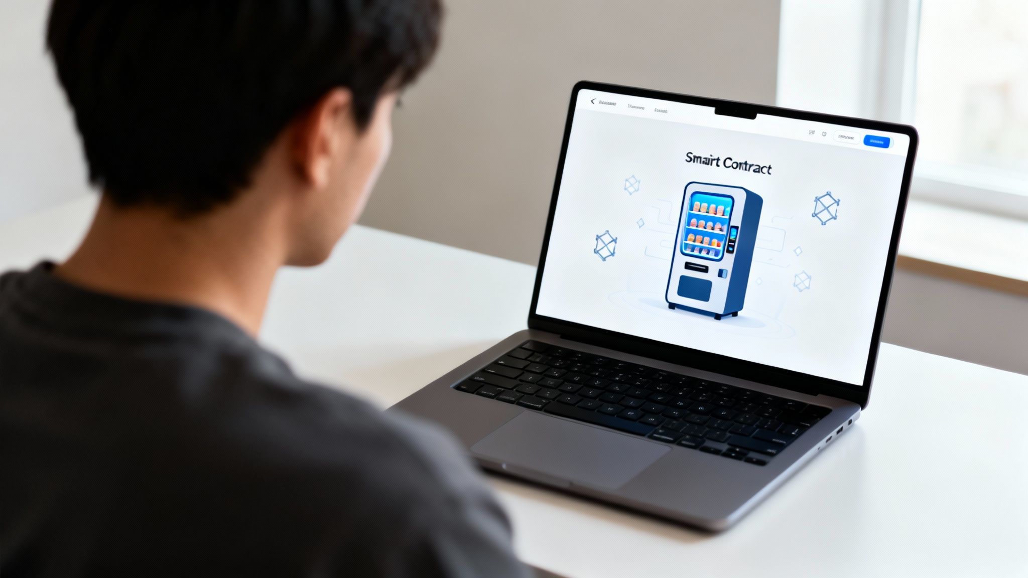 A person views a laptop screen displaying a 'Smart Contract' title and a vending machine illustration.