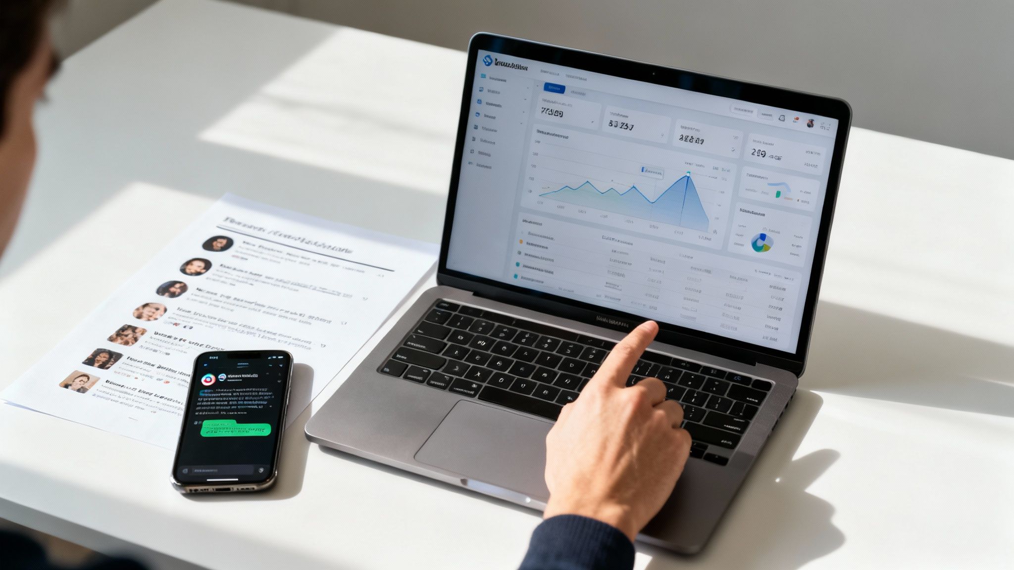 Person's hand interacts with a laptop displaying data analytics, with a phone and documents nearby.