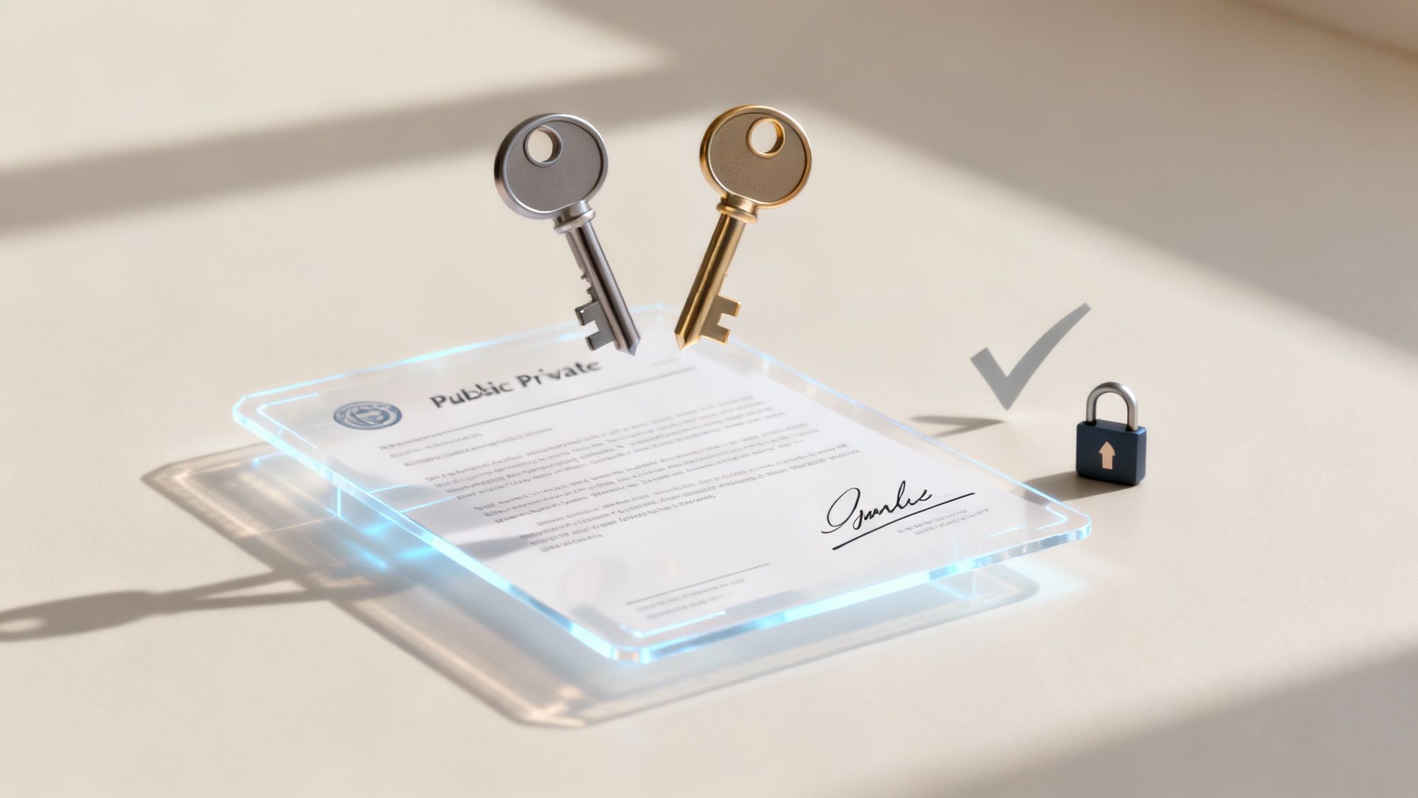 Two keys representing public and private keys above a digital document, with a padlock and checkmark, symbolizing secure cryptography.