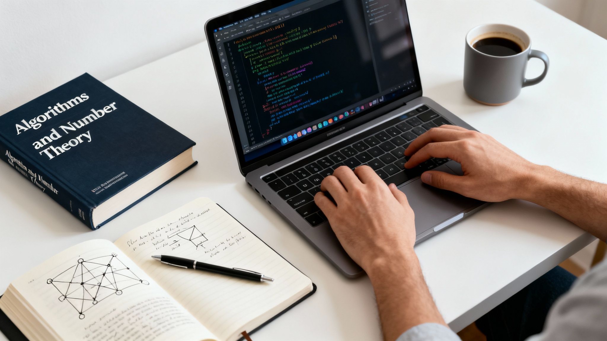 Hands typing on a laptop displaying code, with a math textbook, notebook, and coffee on a desk.