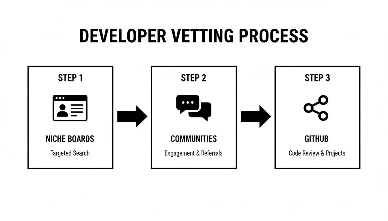 Flowchart illustrating a three-step developer vetting process: Niche Boards, Communities, and GitHub.