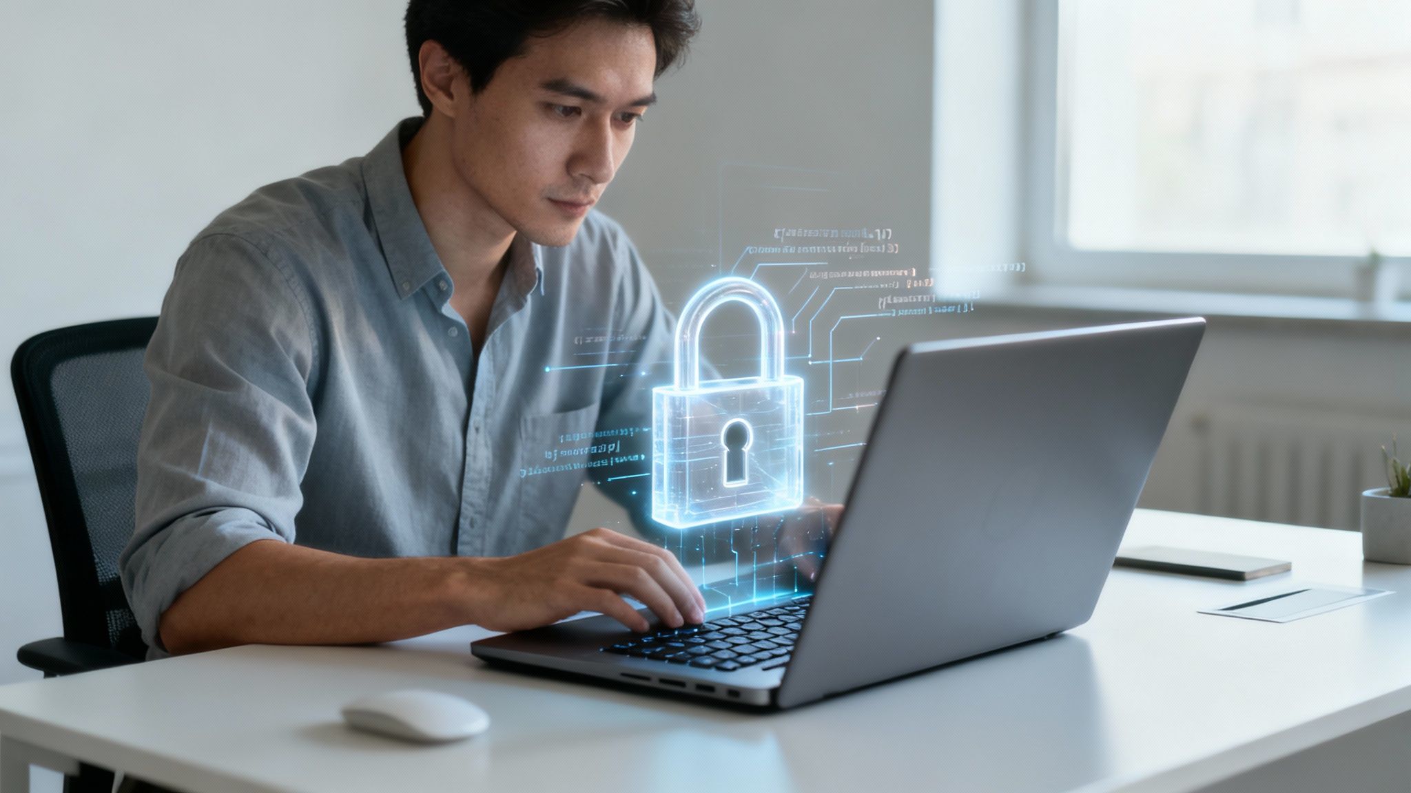 Man works on laptop with a glowing padlock icon, symbolizing data security and protection.