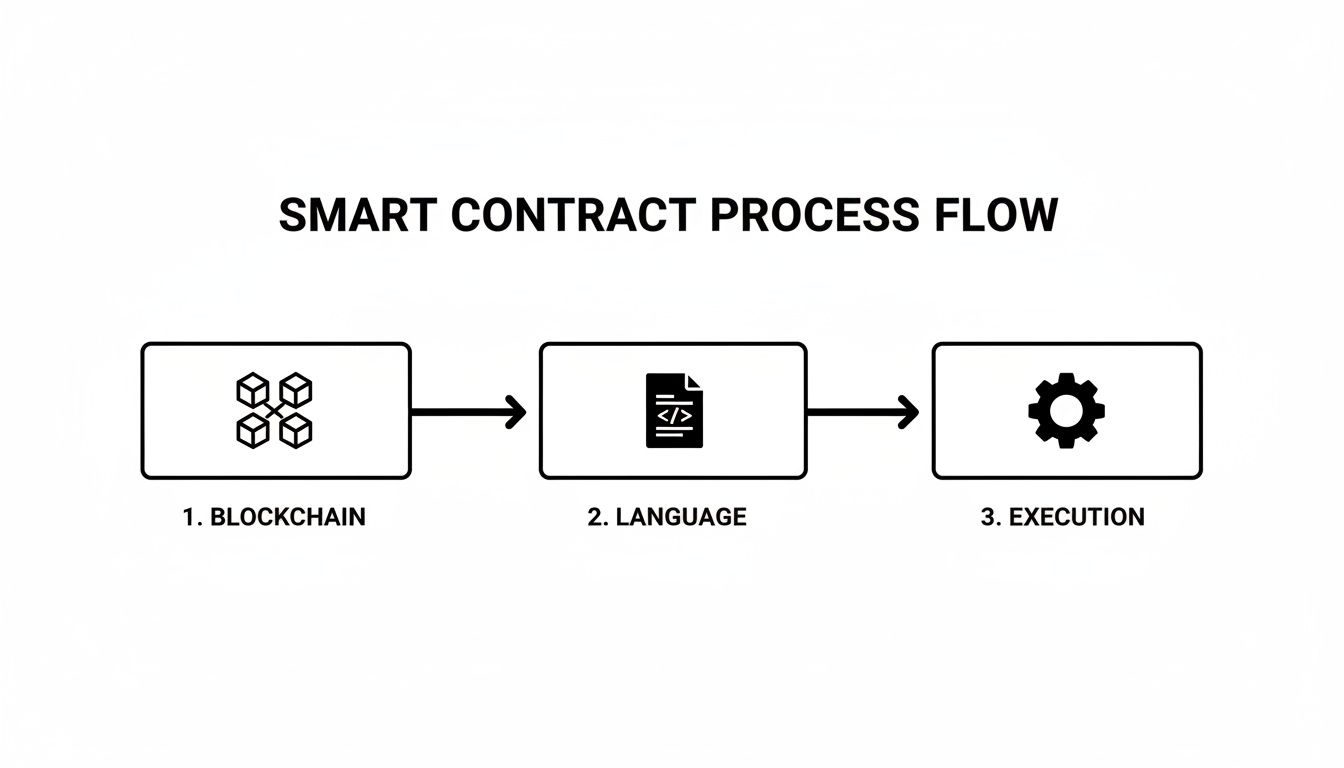 Diagram showing the smart contract process flow with steps: blockchain, language, and execution.