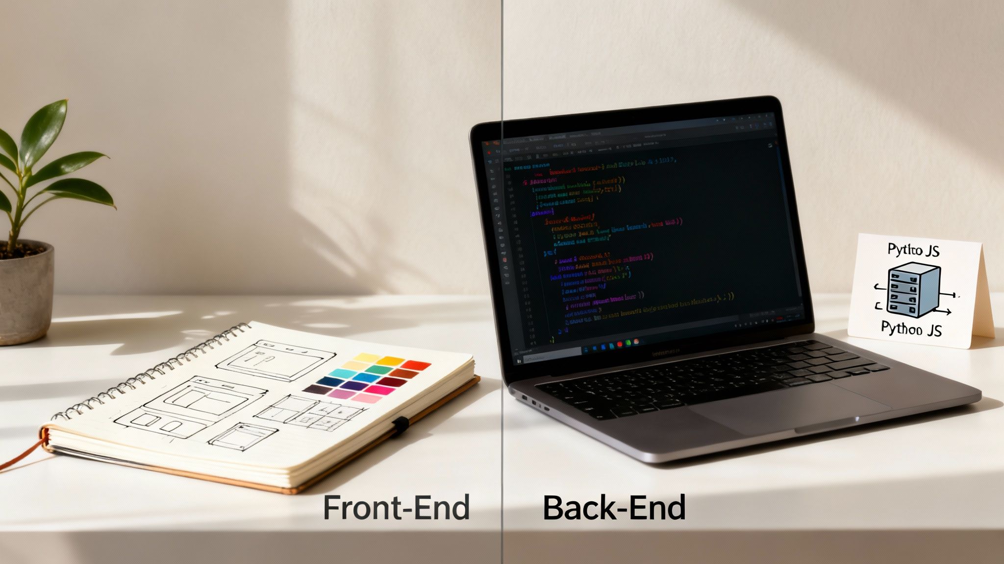 A desk showing front-end UI/UX sketches and back-end code on a laptop, illustrating software development.