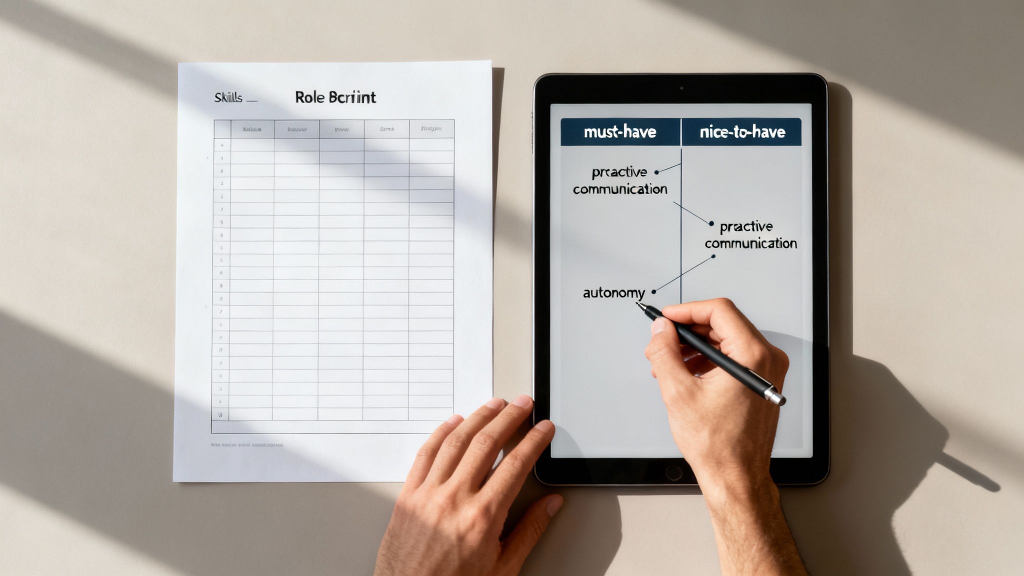 Person using digital tablet to prioritize must-have versus nice-to-have skills for remote developer hiring