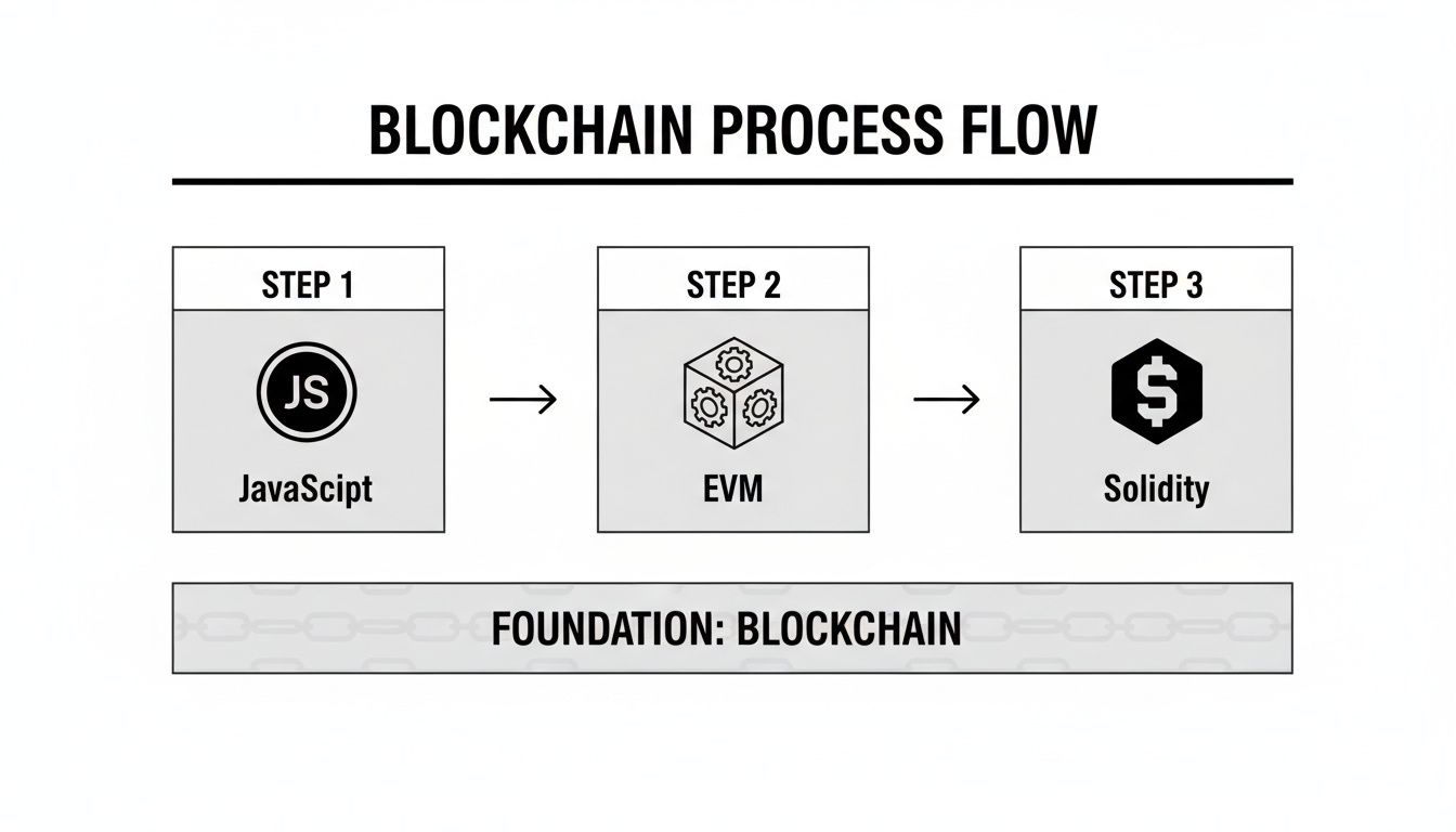 Flowchart illustrating the blockchain process from JavaScript to EVM, then to Solidity.