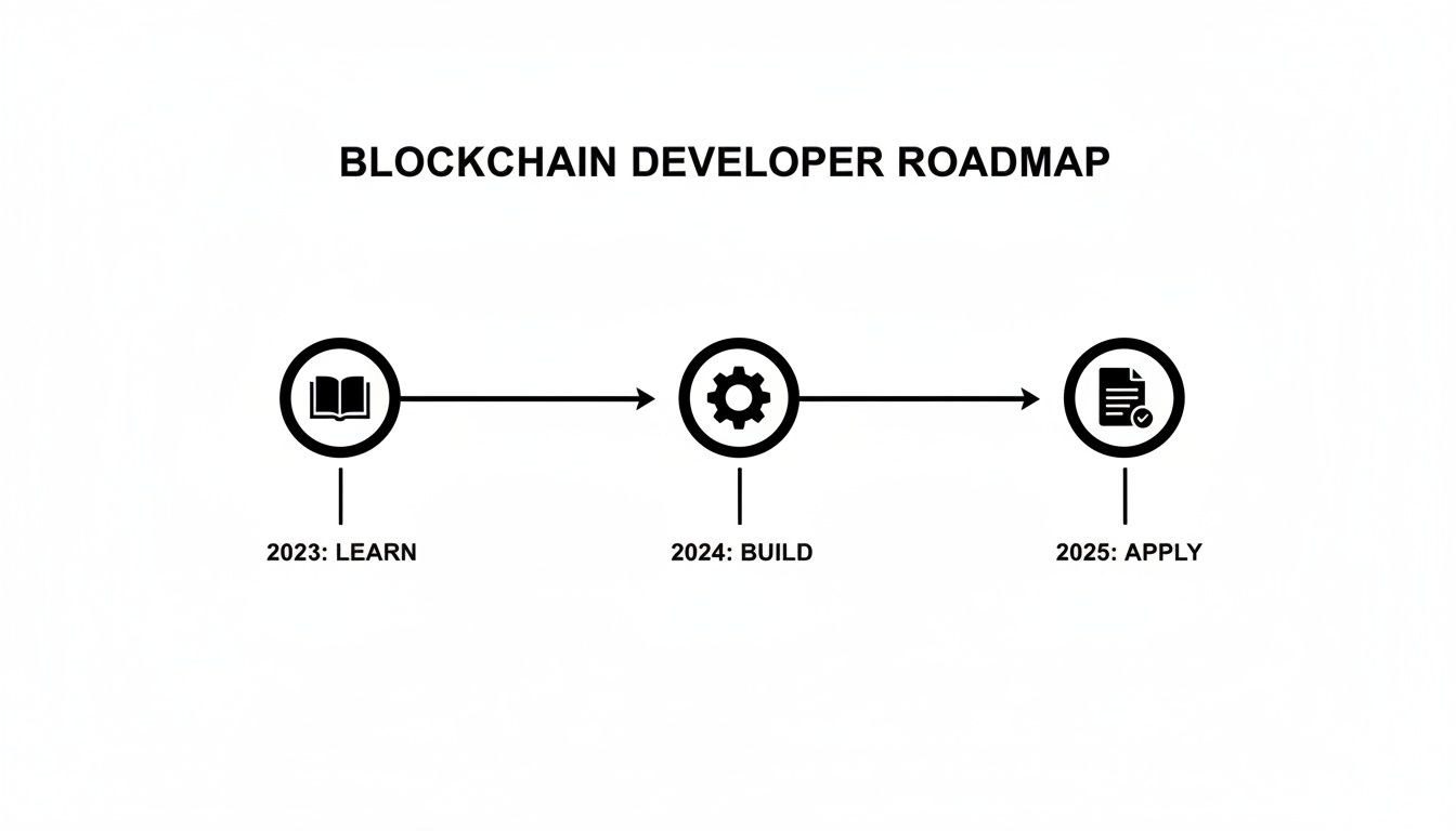 Blockchain developer roadmap illustrating the journey from learning in 2023 to building in 2024 and applying in 2025.