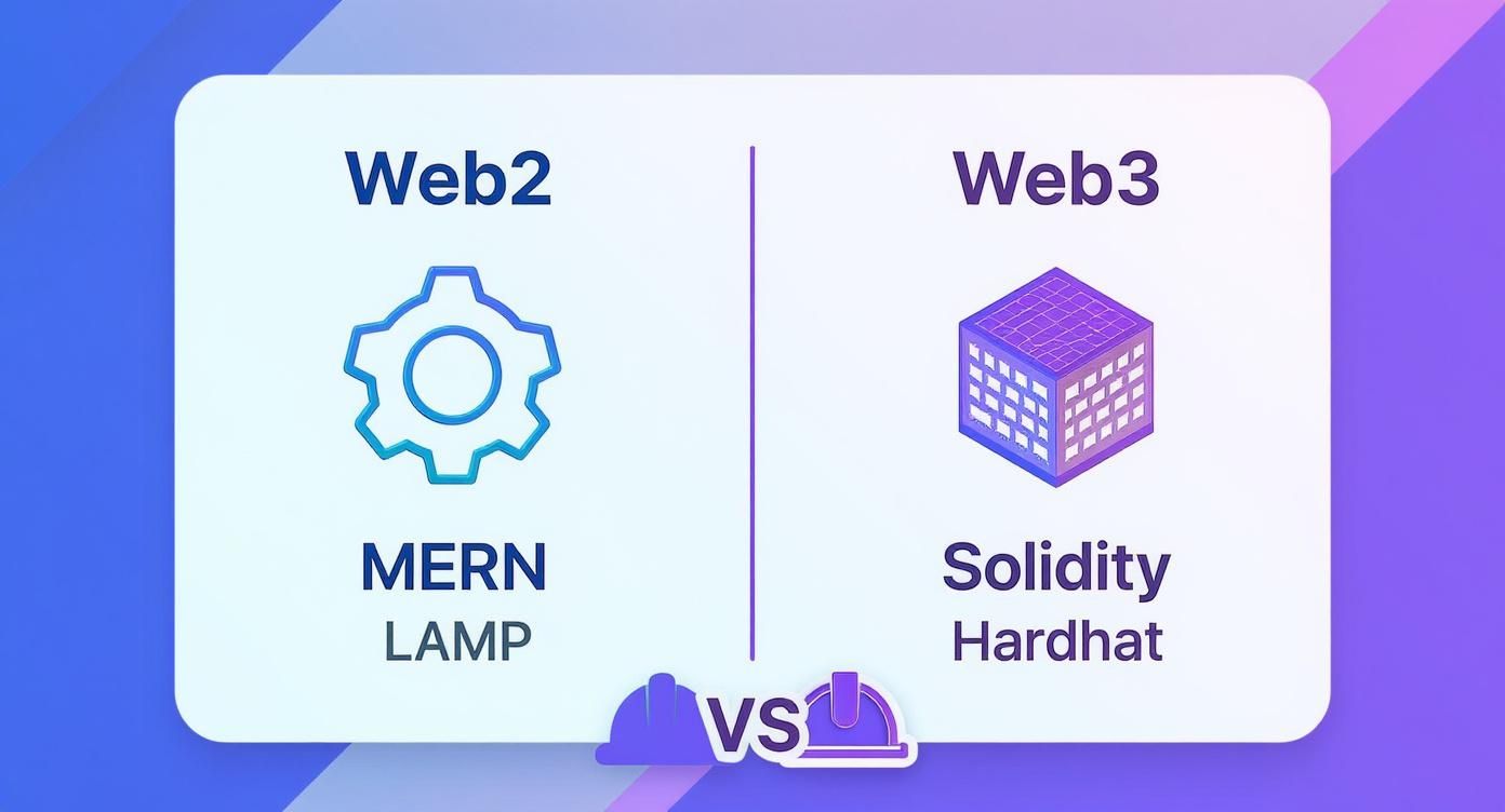 Infographic comparing Web2 development stacks like MERN and LAMP with Web3 stacks like Solidity and Hardhat.