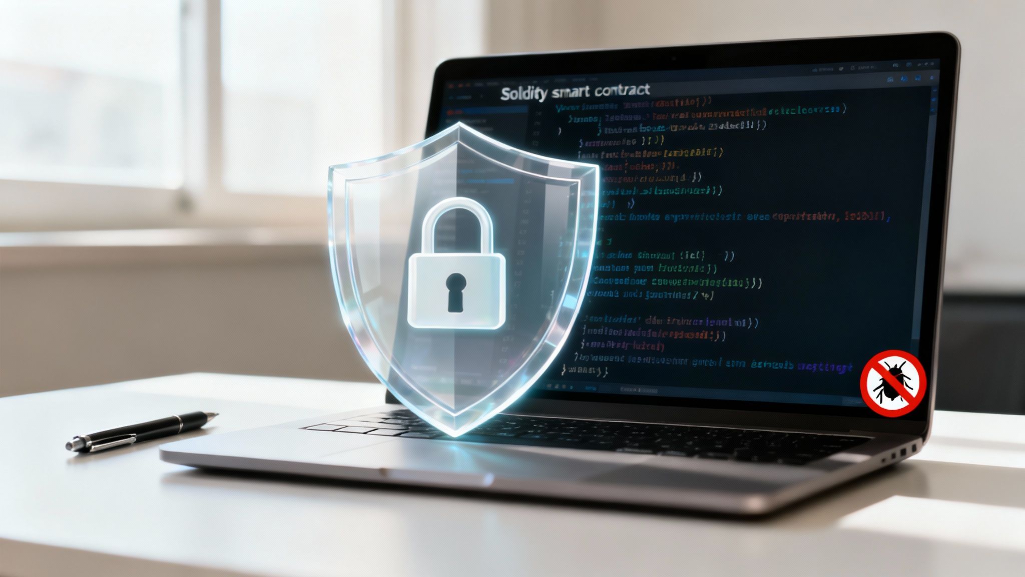 A laptop displays Solidity smart contract code, protected by a security shield with a padlock and bug-free icon.