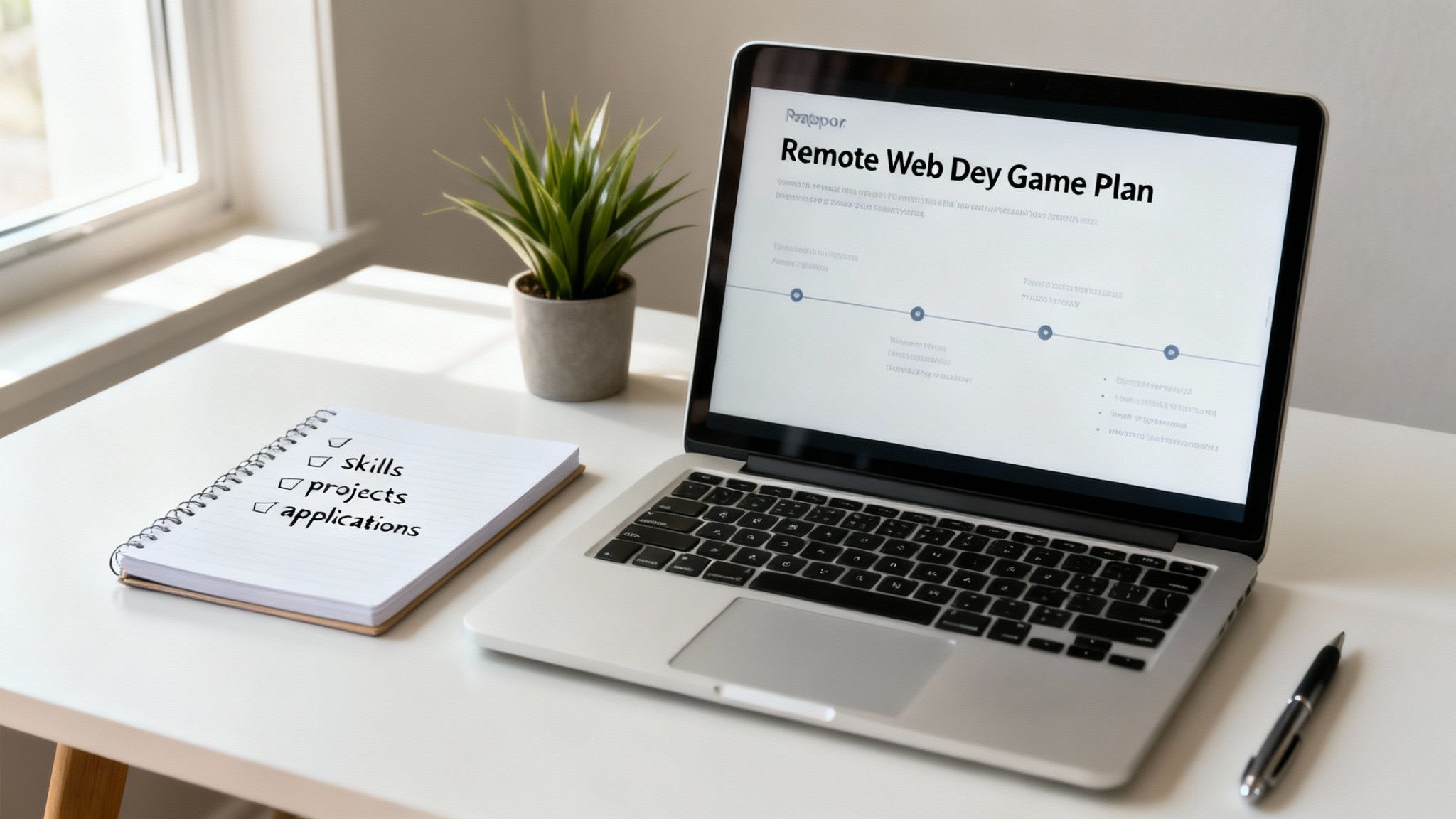A laptop displays a 'Remote Web Dev Game Plan' next to a checklist notebook and pen on a desk.