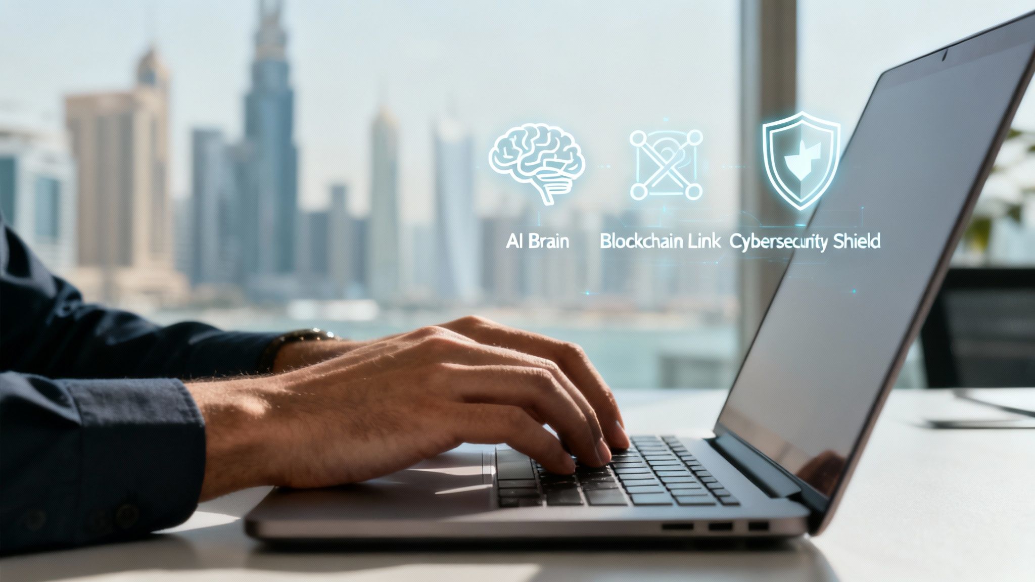 A person typing on a laptop, with holographic icons for AI, Blockchain, and Cybersecurity above it, against a cityscape backdrop.