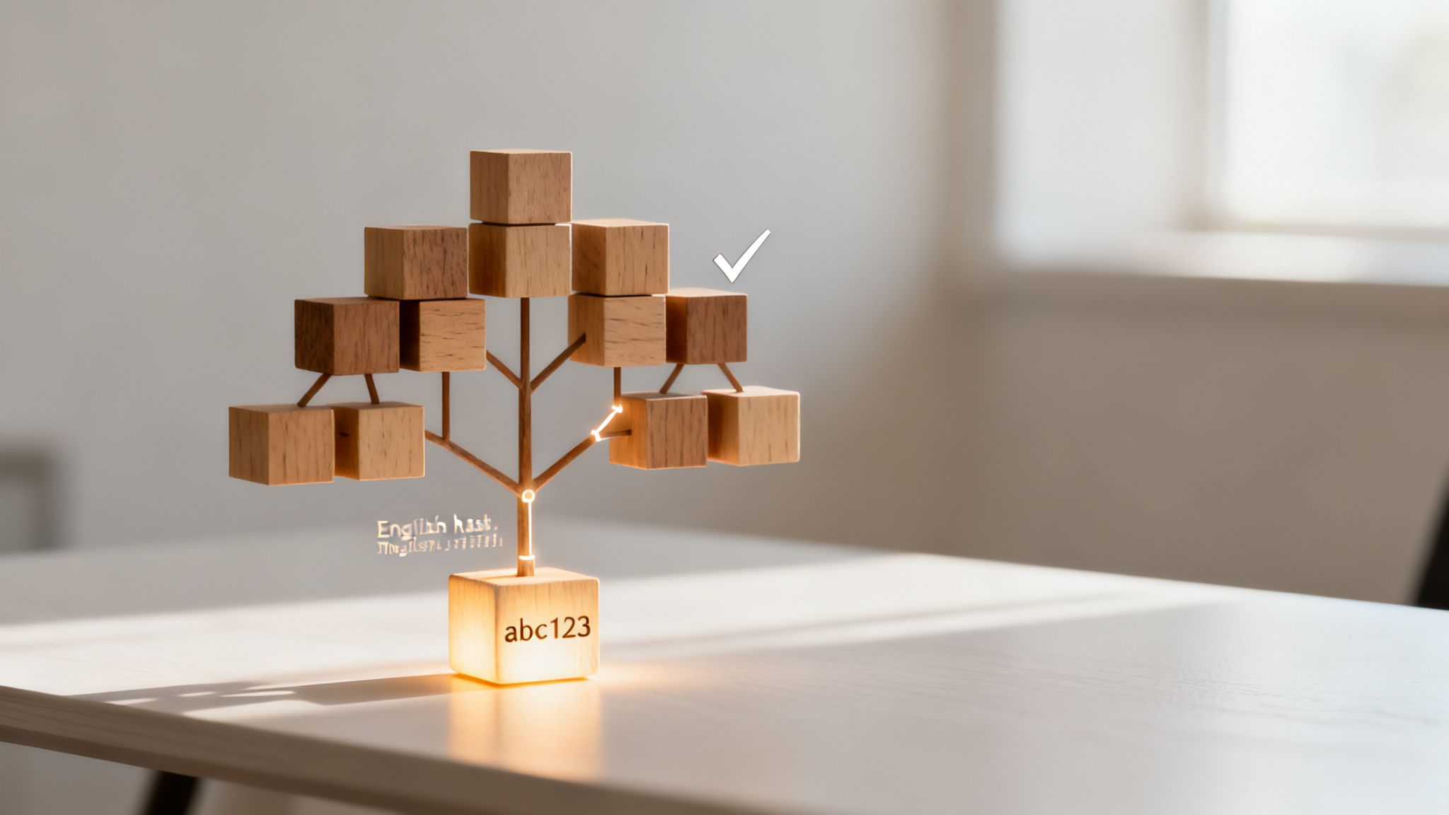 A glowing wooden block tree with digital text and a checkmark on a light table.