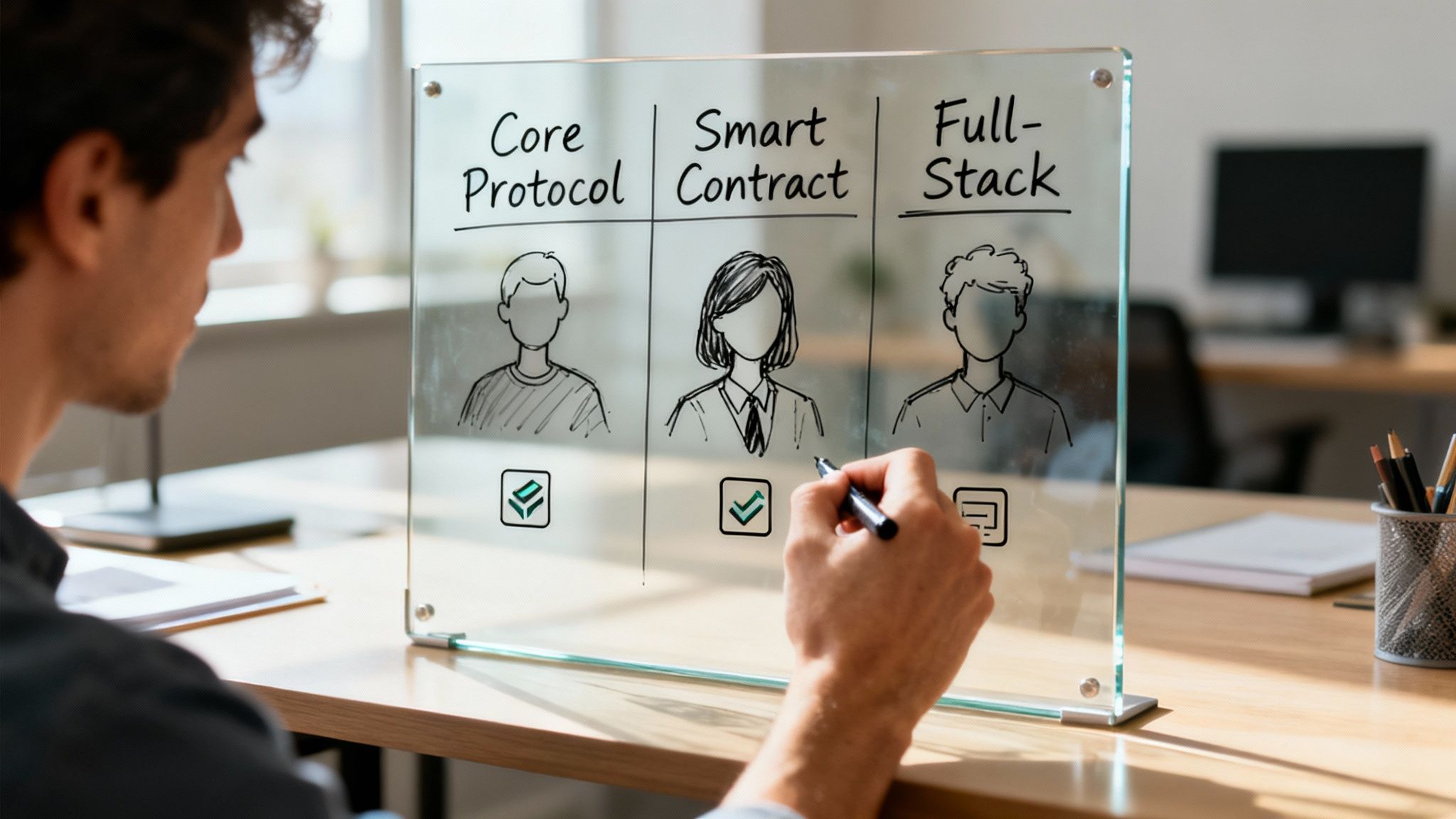 A hand marks options for core protocol, smart contract, and full-stack blockchain developers.