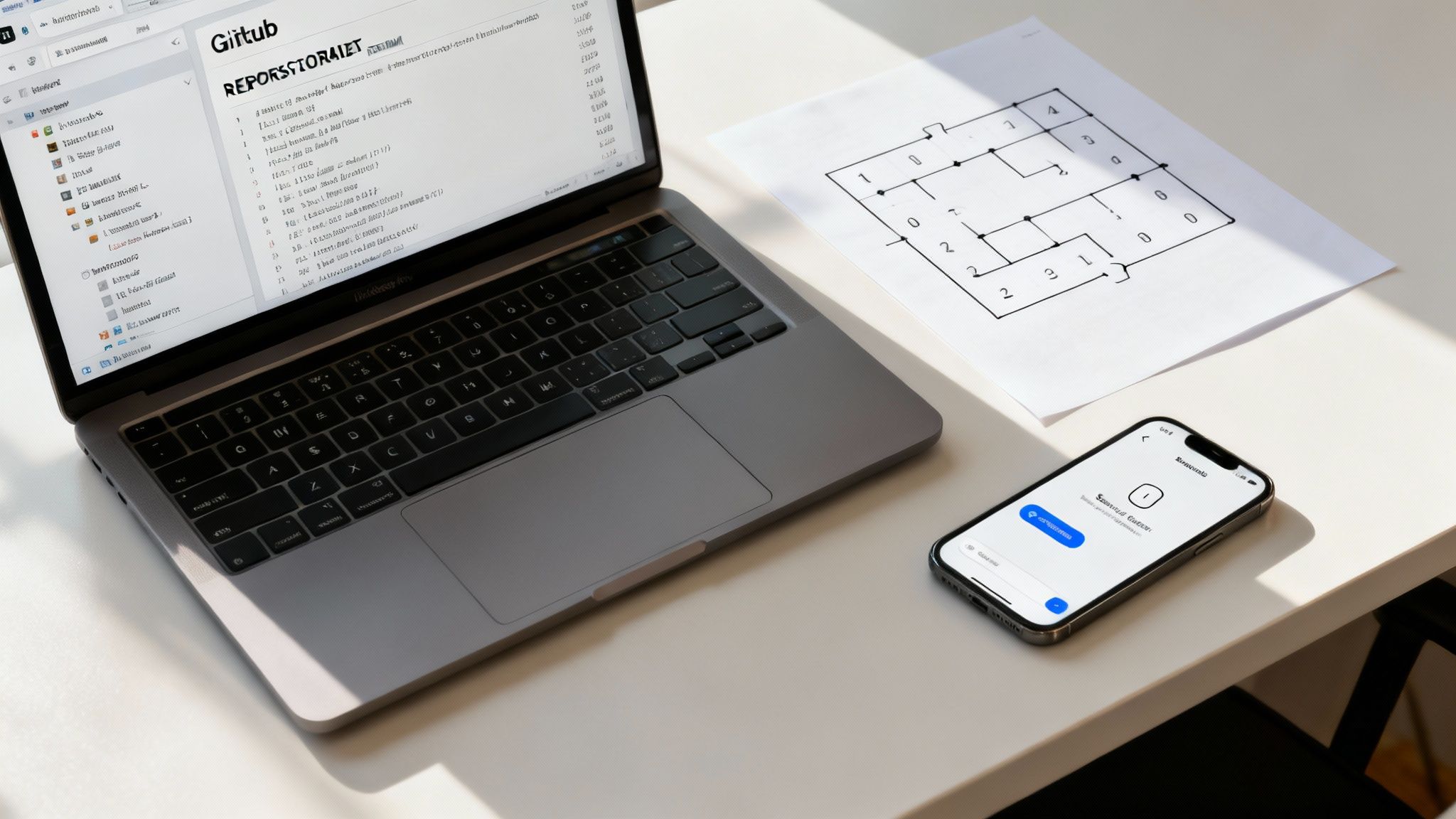 A laptop showing Github code, a blueprint, and a smartphone on a clean white desk.