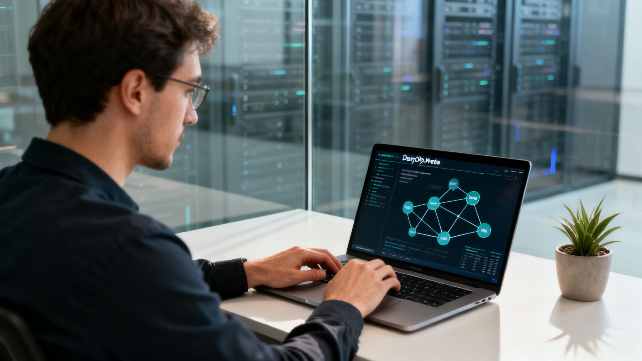 A man works on a laptop displaying a data network in a modern server room.