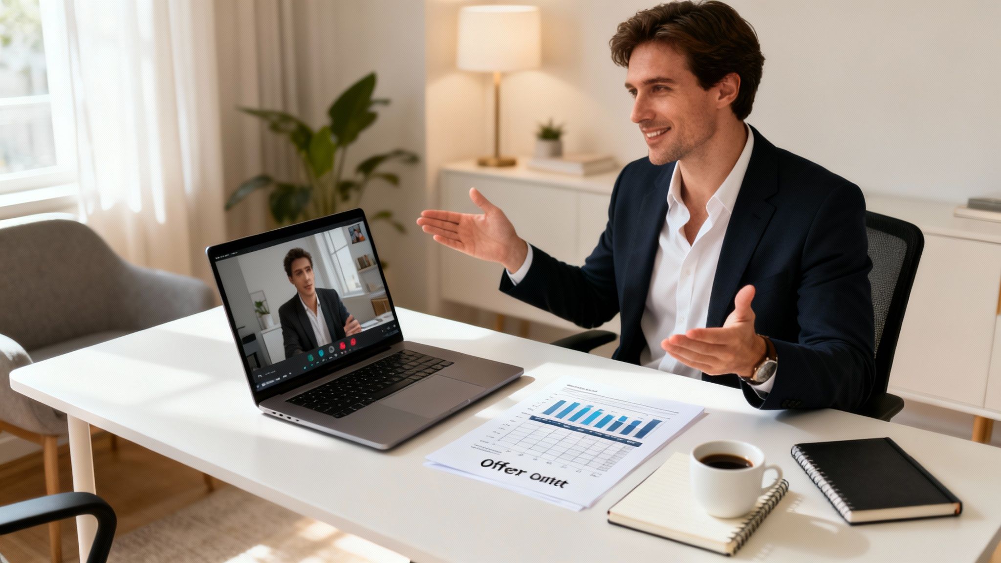 Smiling businessman on a laptop video call discussing an offer with a remote colleague.