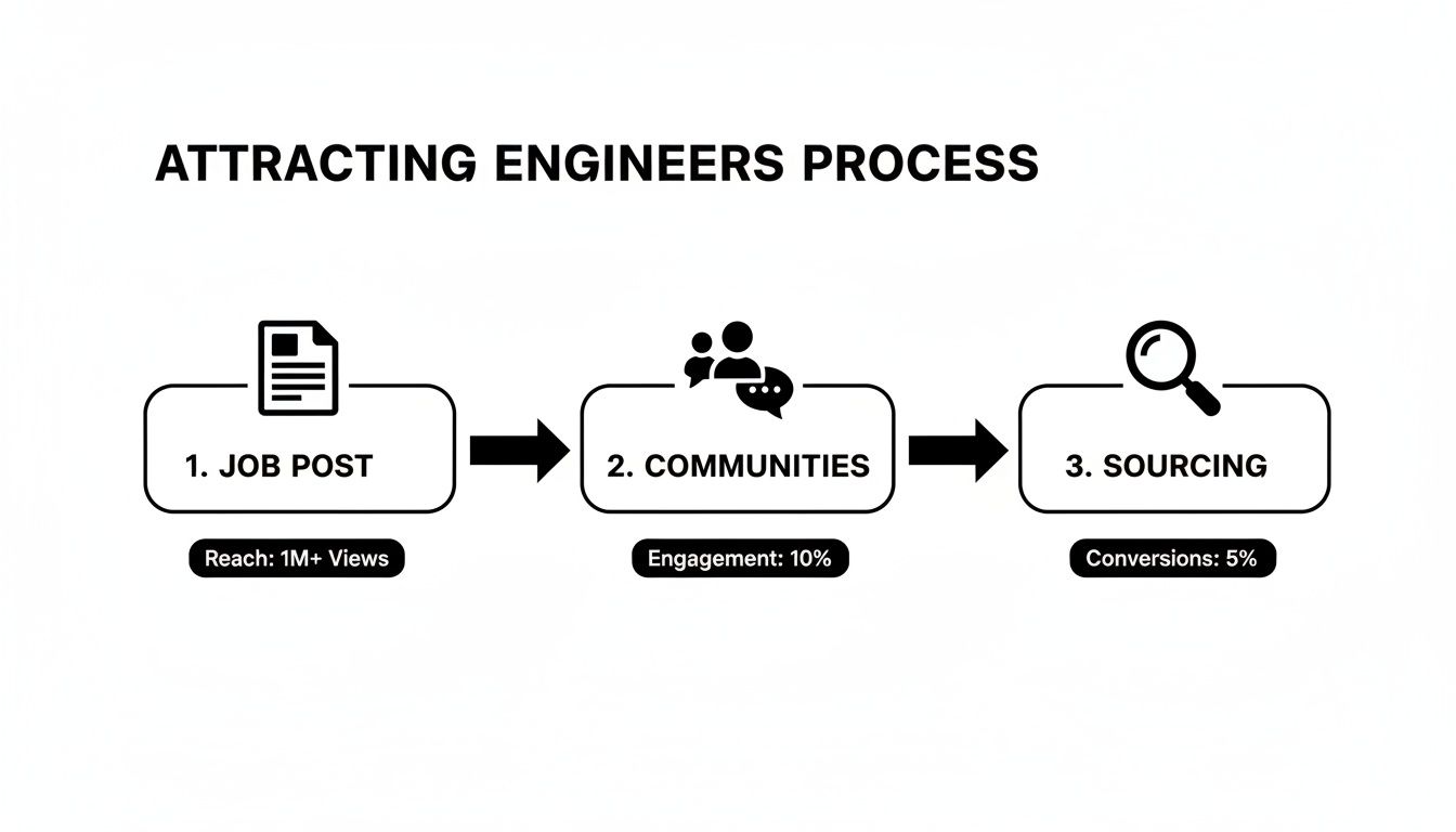A flowchart illustrating the three-step process of attracting engineers: job posts, communities, and sourcing.