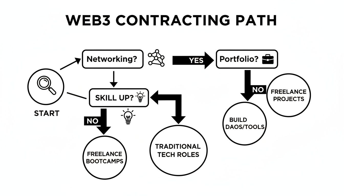 Flowchart illustrating the Web3 contracting path, starting with skill development and networking, leading to portfolio building.