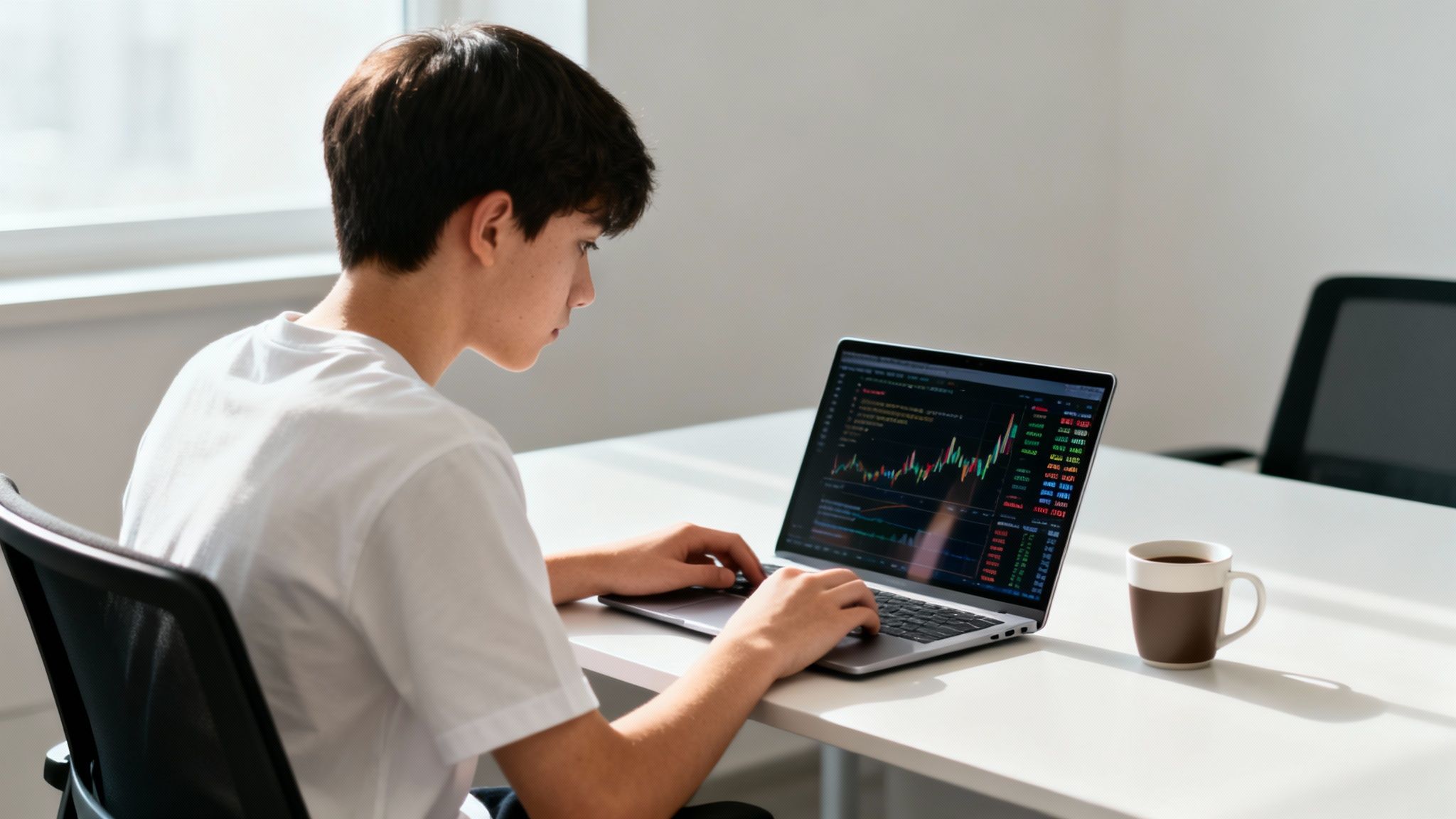 Teenager working on a laptop displaying stock market data and charts, with a coffee mug nearby.