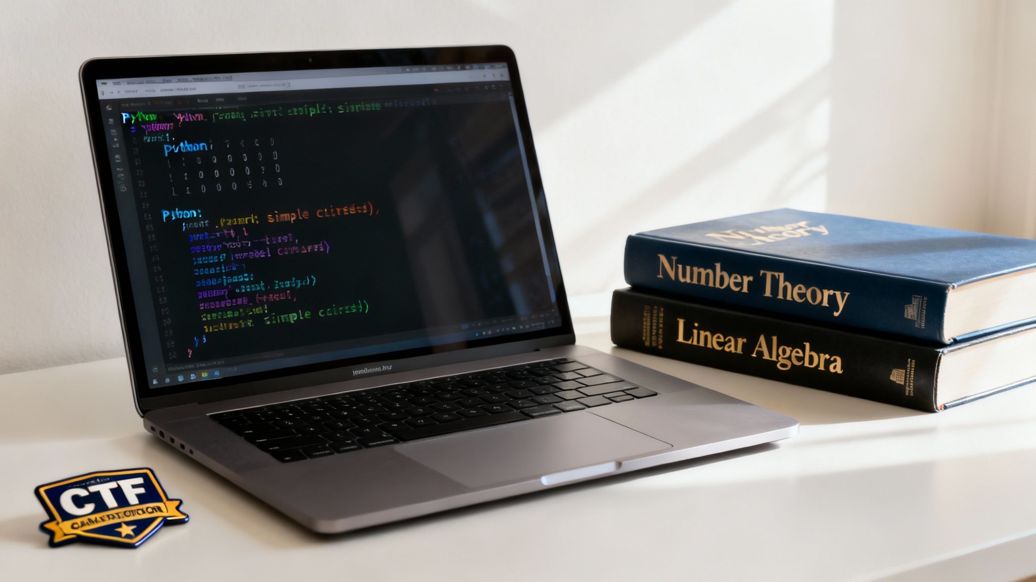A person at a desk with multiple monitors displaying complex code and mathematical formulas, working on cryptographic problems.
