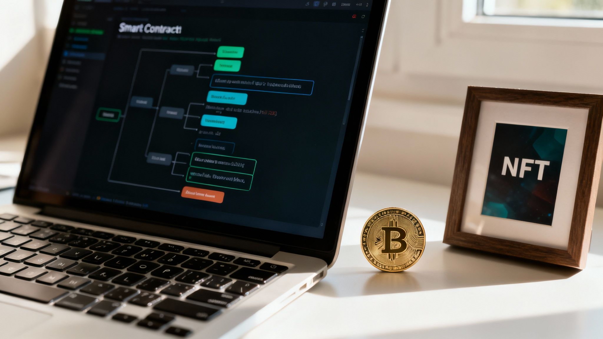 A laptop displays a Smart Contract diagram next to a Bitcoin coin and an NFT frame.