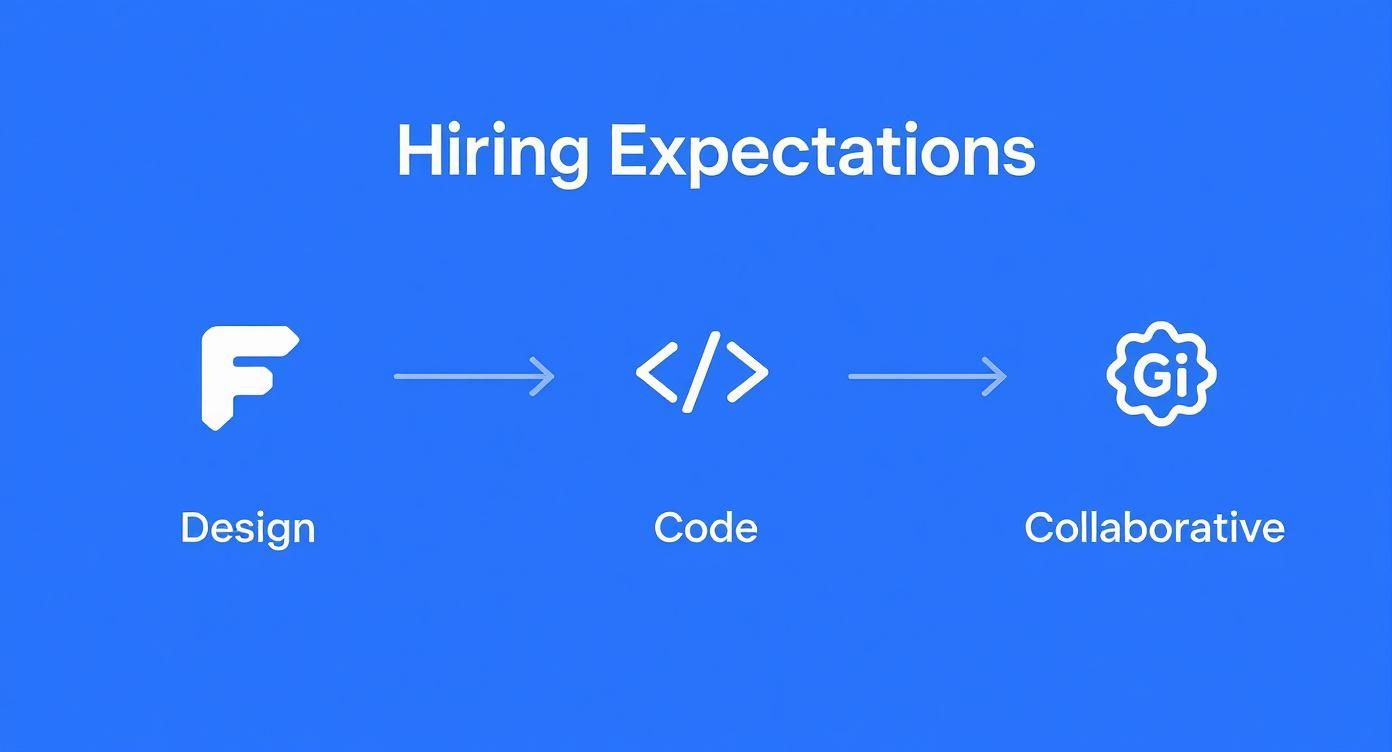 Hiring expectations flow for front-end developers: Design, Code, Collaborative stages with relevant icons.