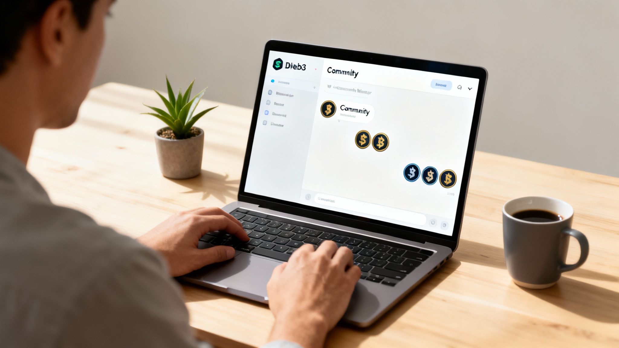 Person using a laptop displaying a 'Community' website with currency symbols on a wooden desk with a plant and coffee.