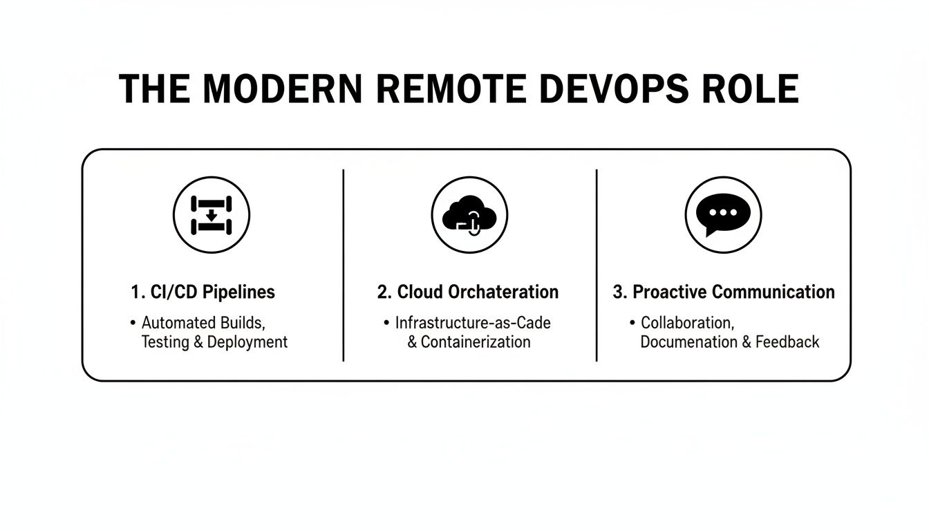 An infographic illustrating the modern remote DevOps role, highlighting CI/CD, cloud orchestration, and proactive communication.