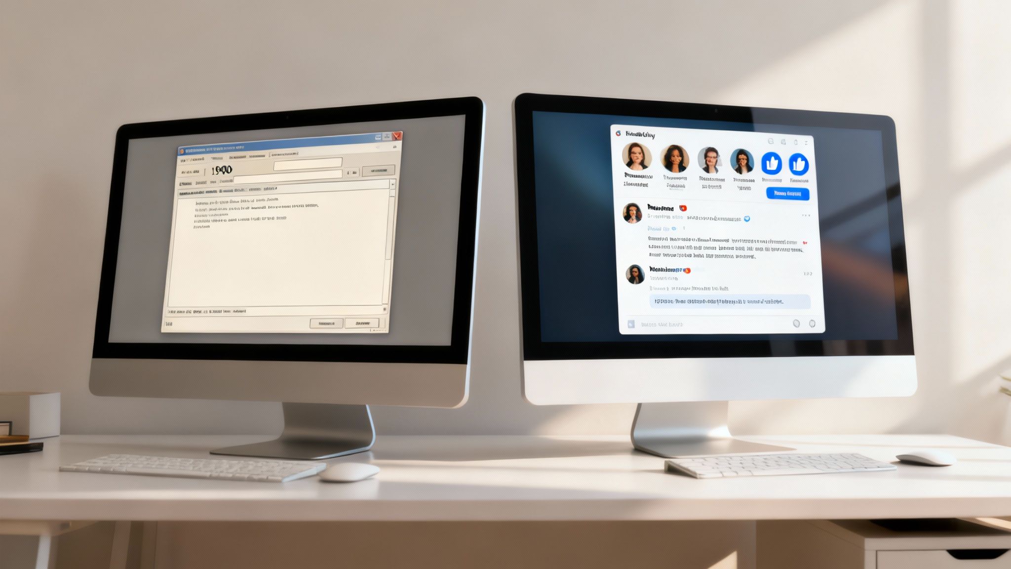 Two computer monitors on a desk, one showing an old software interface, the other a modern social media feed.