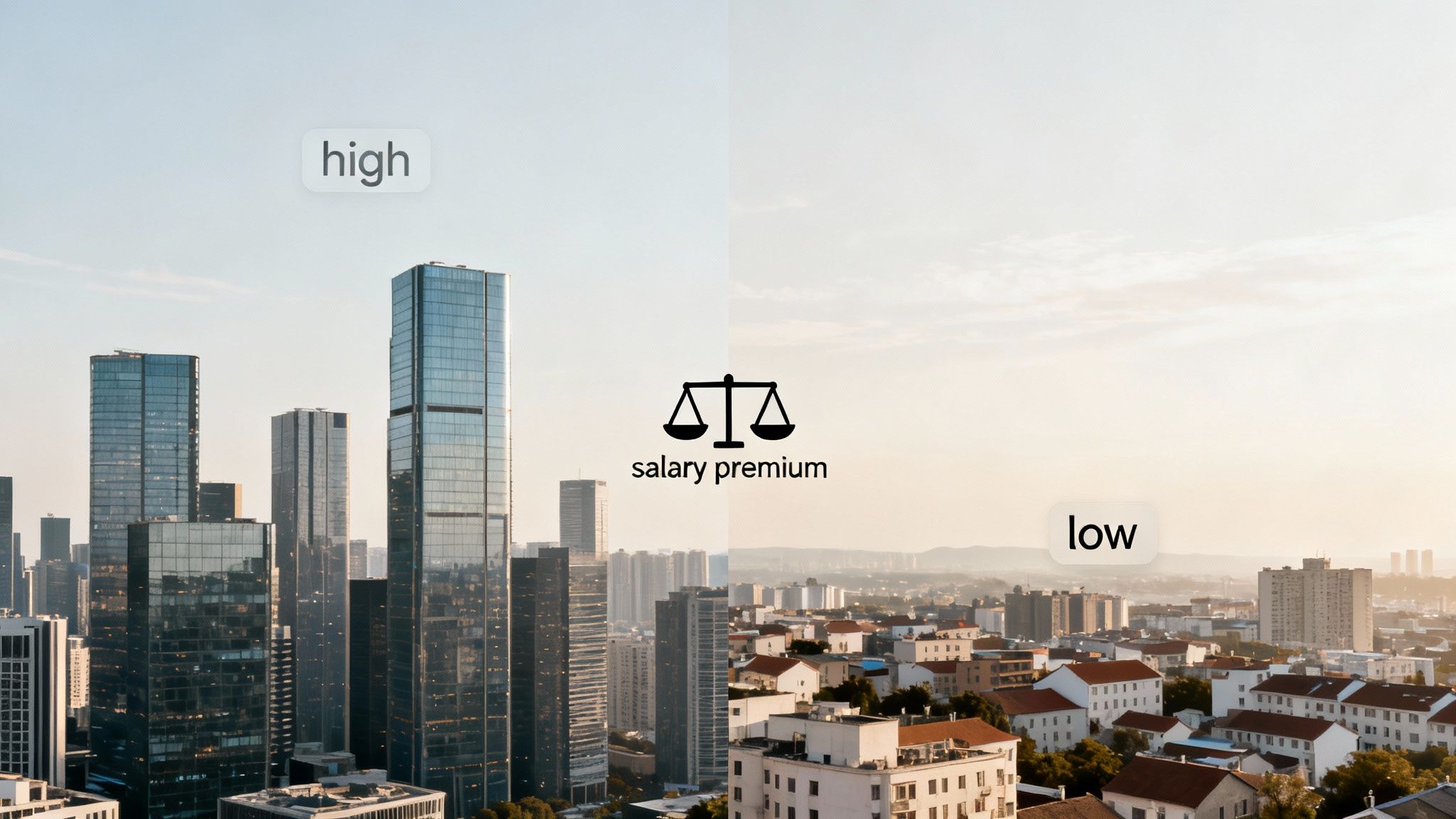 An urban and suburban skyline comparison with 'high' and 'low' labels and a 'salary premium' scale icon.