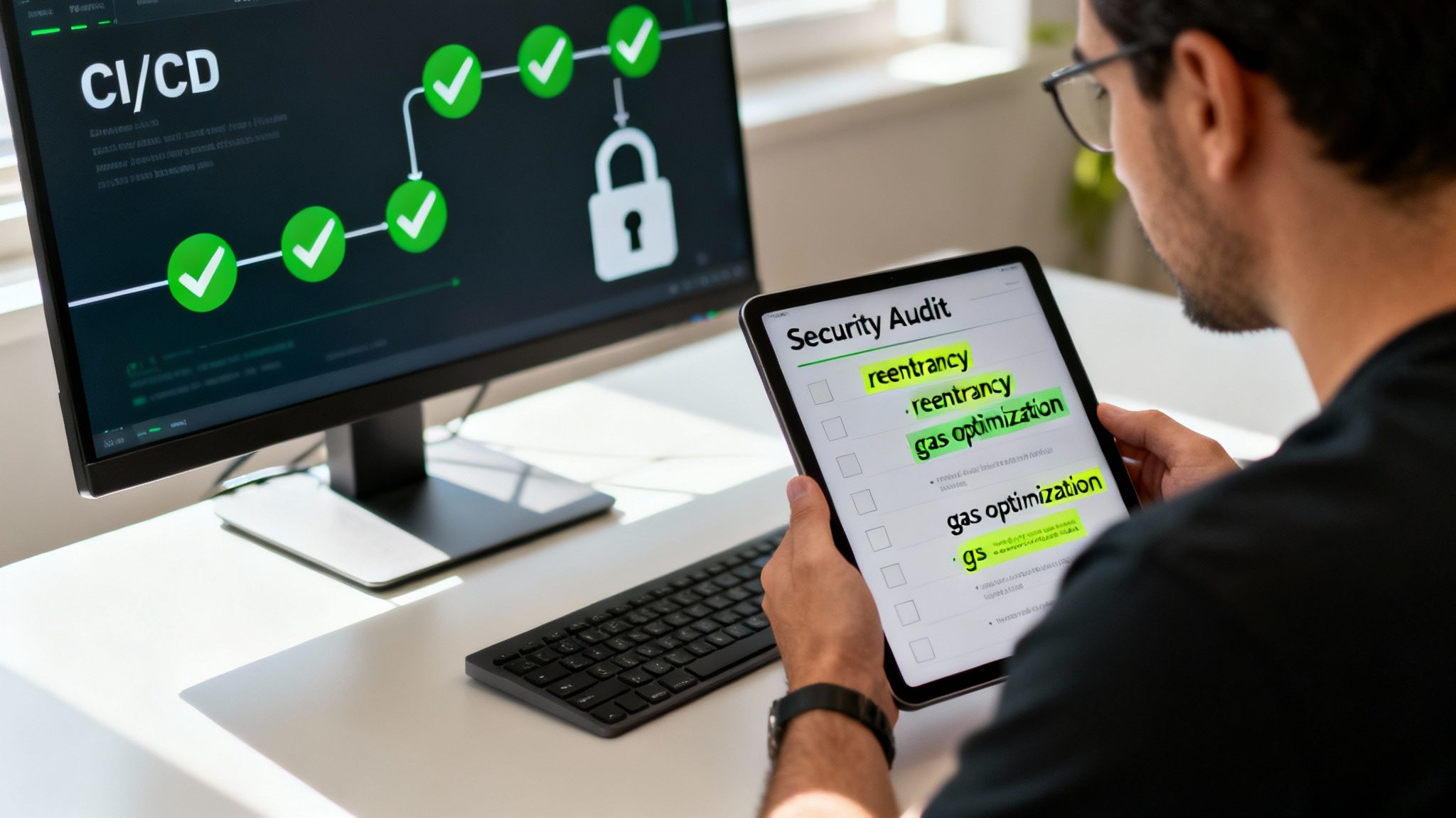 A developer audits smart contract security for reentrancy and gas optimization on a tablet, with a CI/CD pipeline on the monitor.
