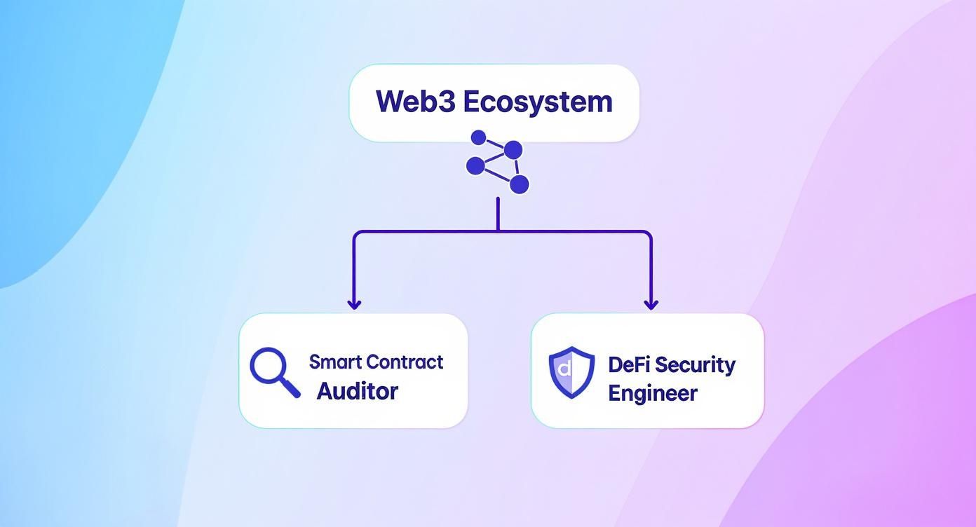 A diagram illustrating job roles within the Web3 ecosystem, specifically Smart Contract Auditor and DeFi Security Engineer.