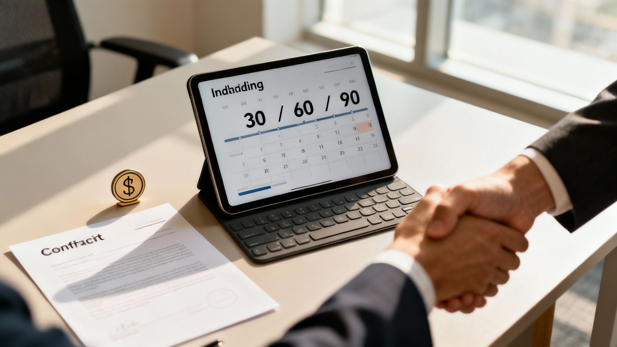 Two business people shaking hands over a contract, a tablet, and a dollar coin.