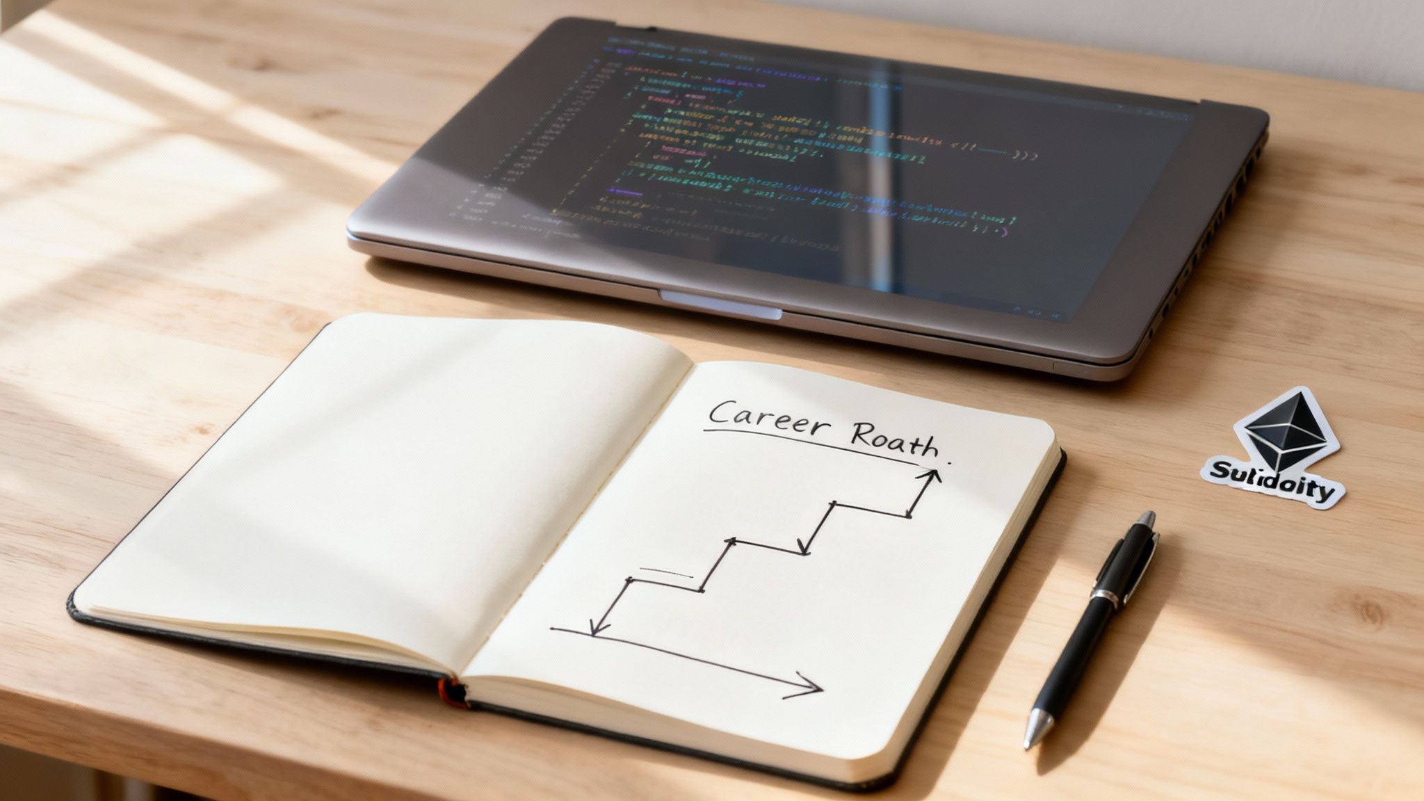 Desk setup with a laptop displaying code, a career growth notebook, and a Solidity sticker.