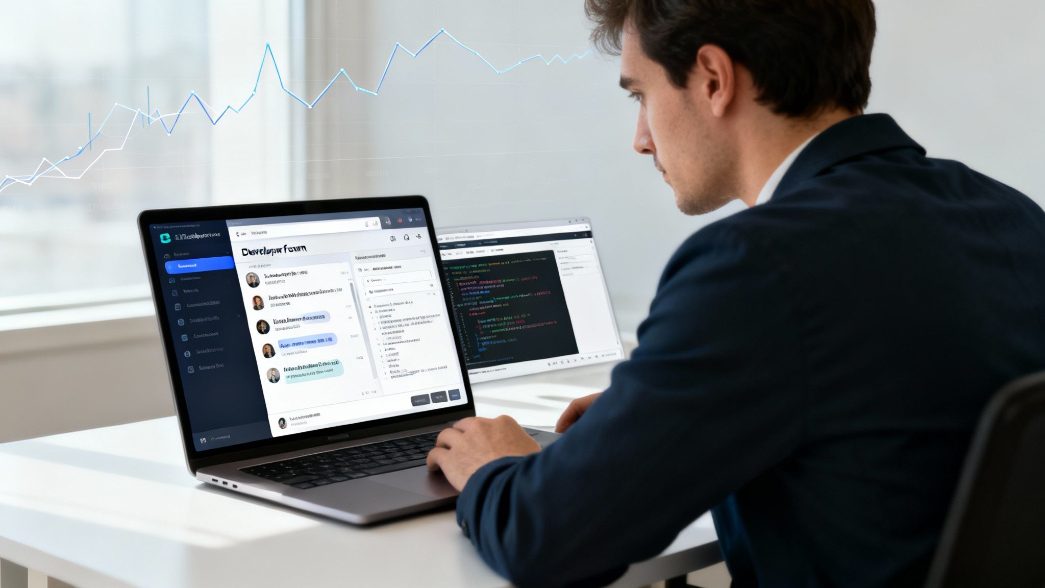 A professional man works on two laptops, one displaying code, the other a developer chat forum.