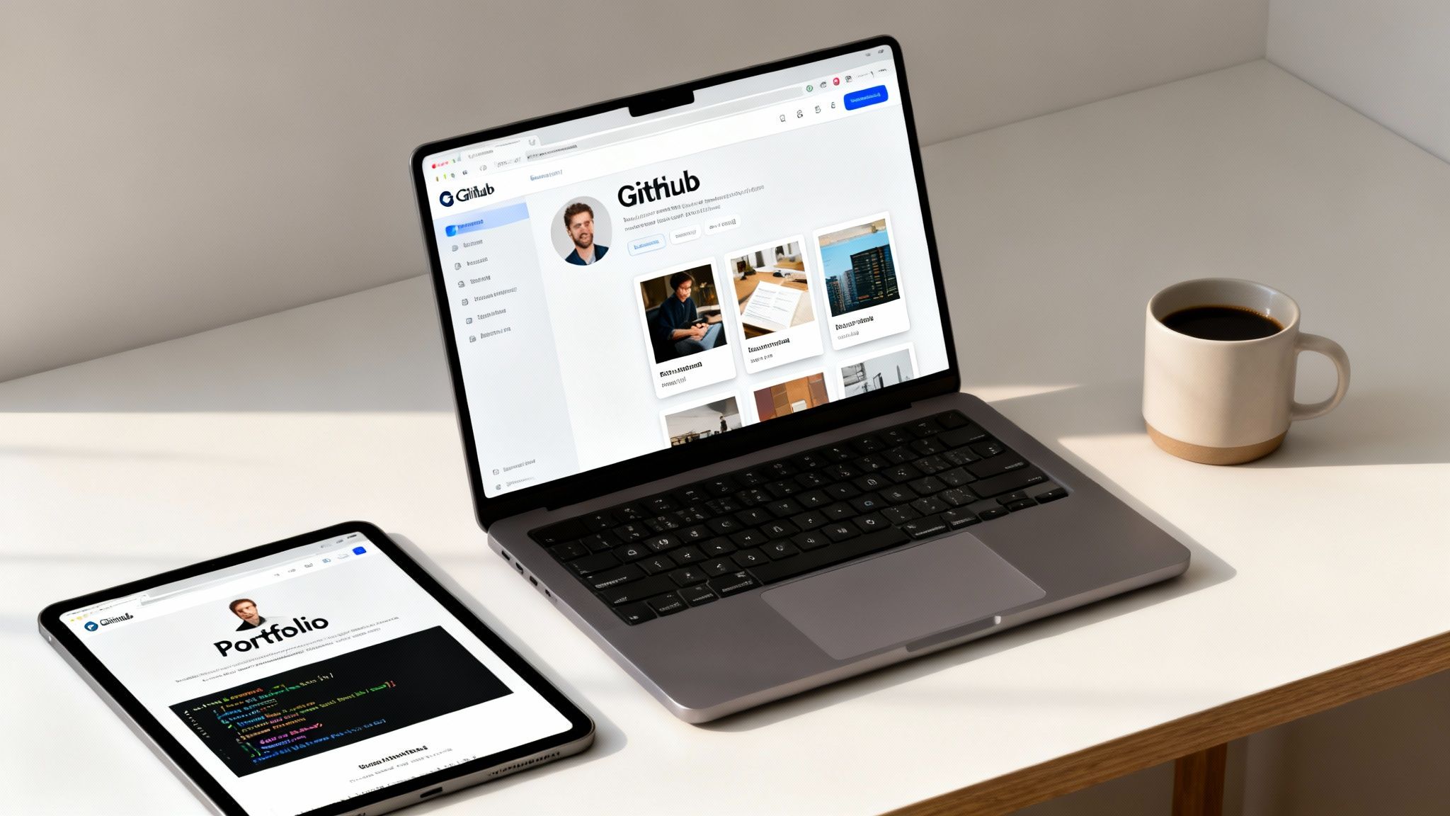 A modern workspace with a laptop, tablet displaying code and profile, and a coffee mug.