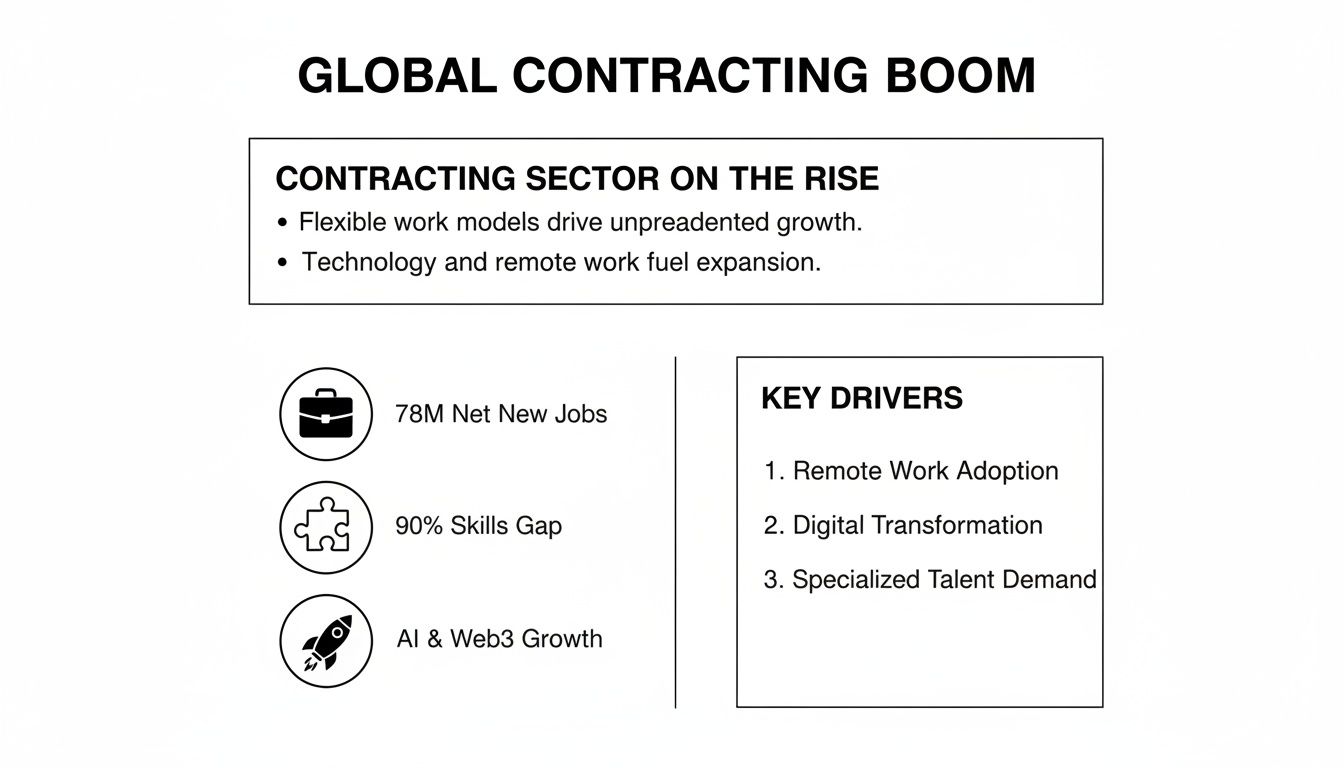 Infographic illustrating the global contracting boom, highlighting key drivers, job growth, skill gaps, and technological impact.