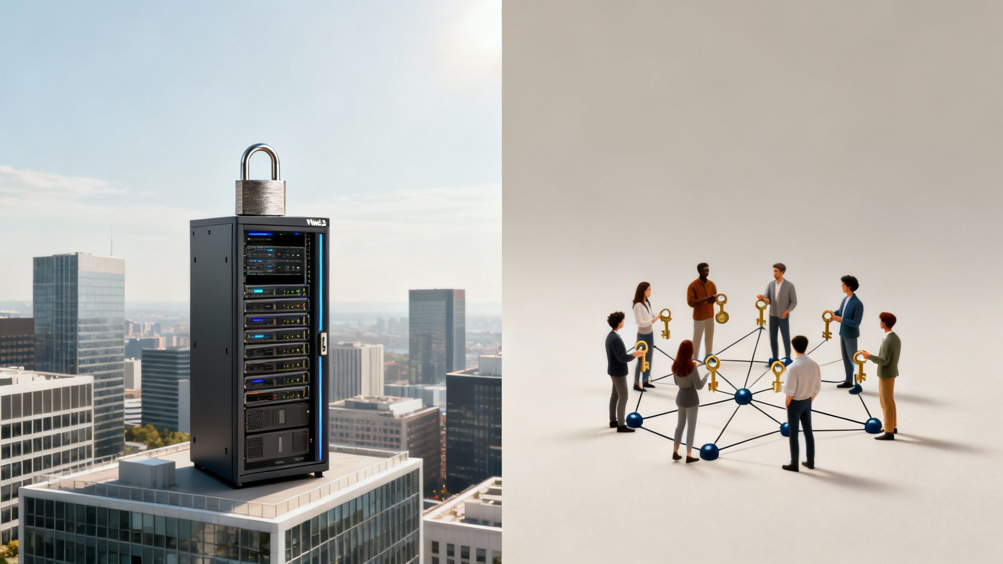 Image contrasting a centralized server with a padlock and a decentralized network of people holding keys.