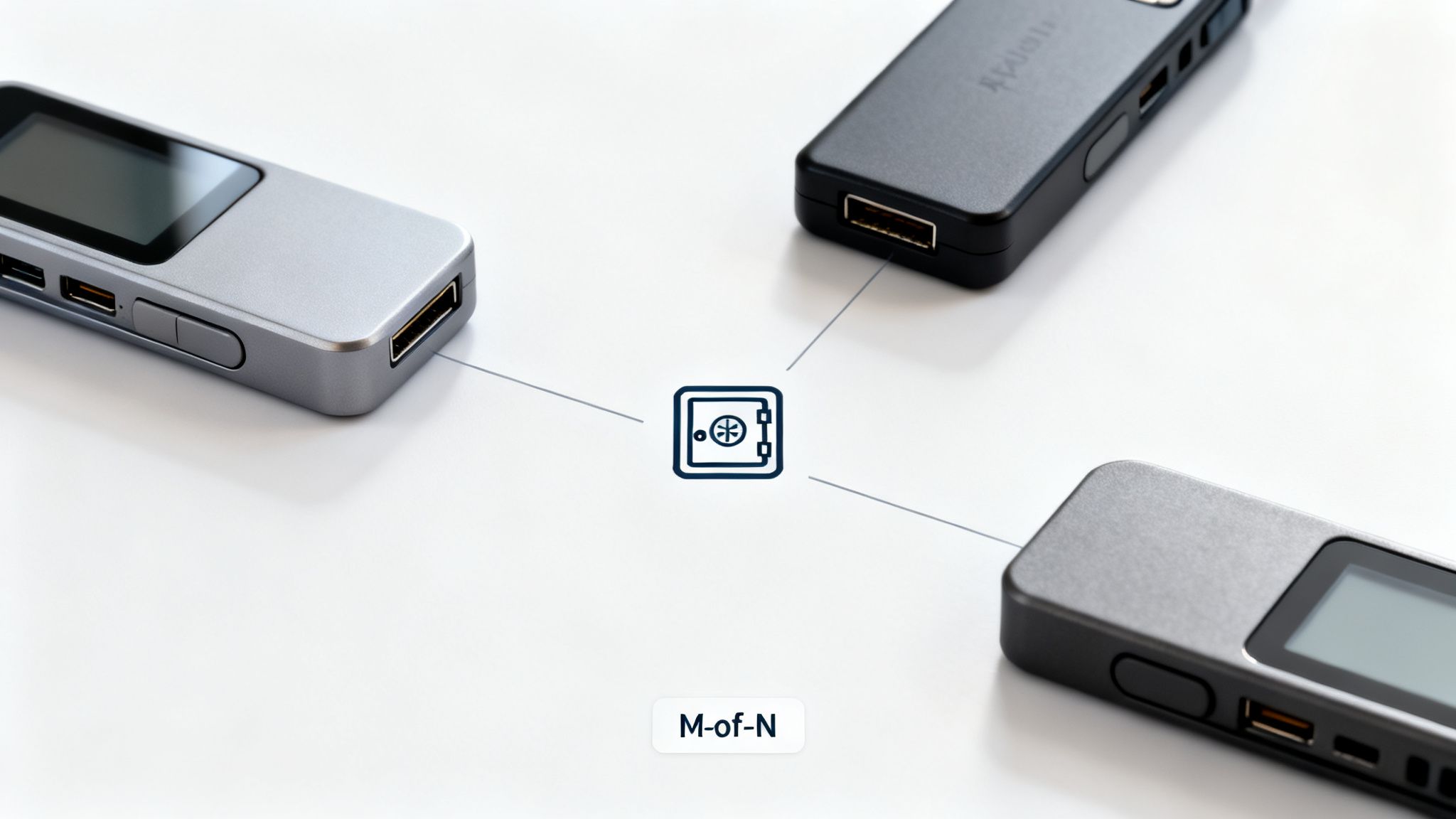 Three cryptocurrency hardware wallets connected to a central vault icon, illustrating an M-of-N multisig security setup.