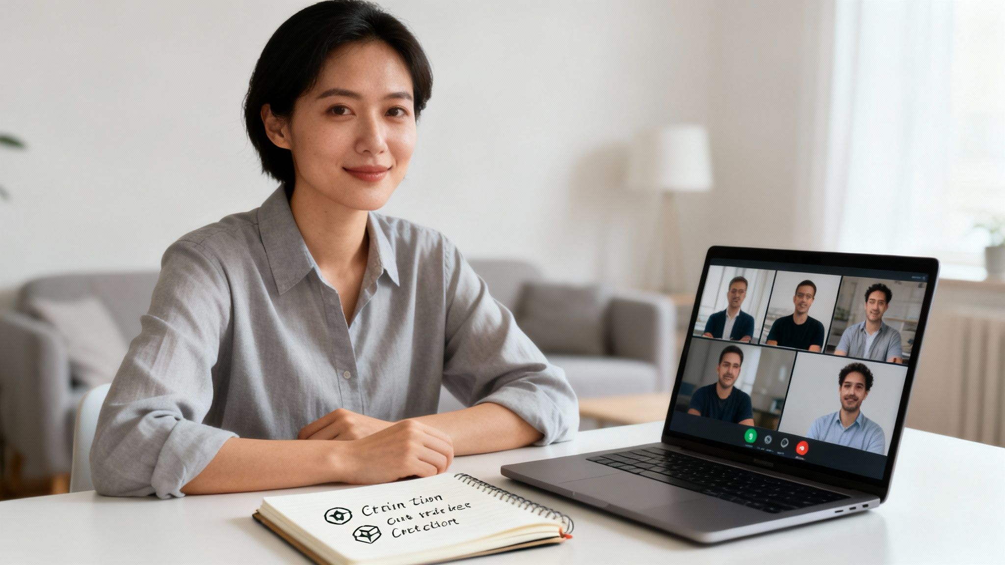A smiling Asian woman on a video call with five men, working from her home office.