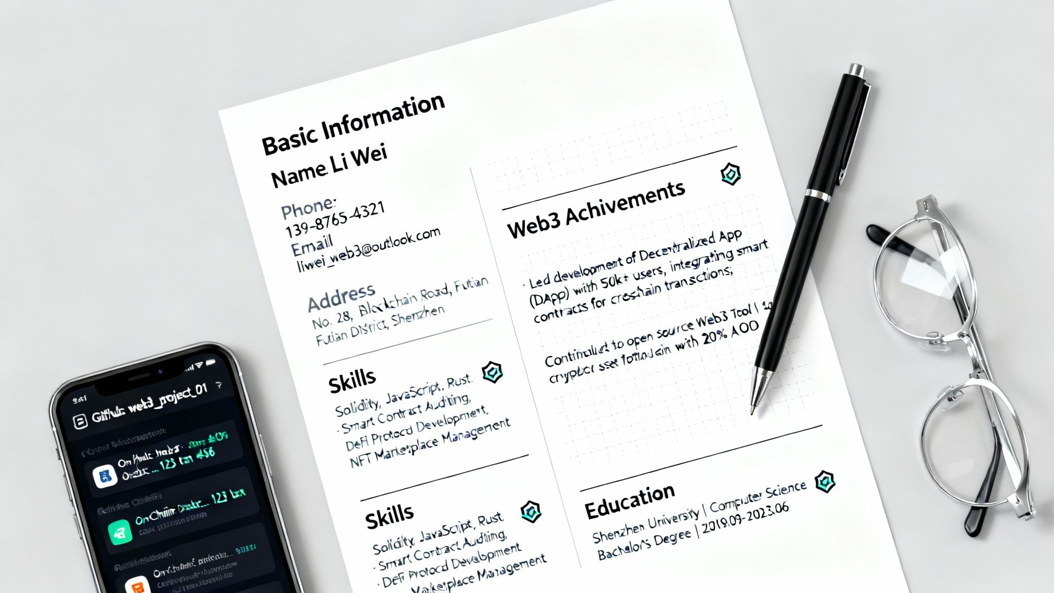 A person's digital profile with Web3 elements like blockchain icons and network graphs.