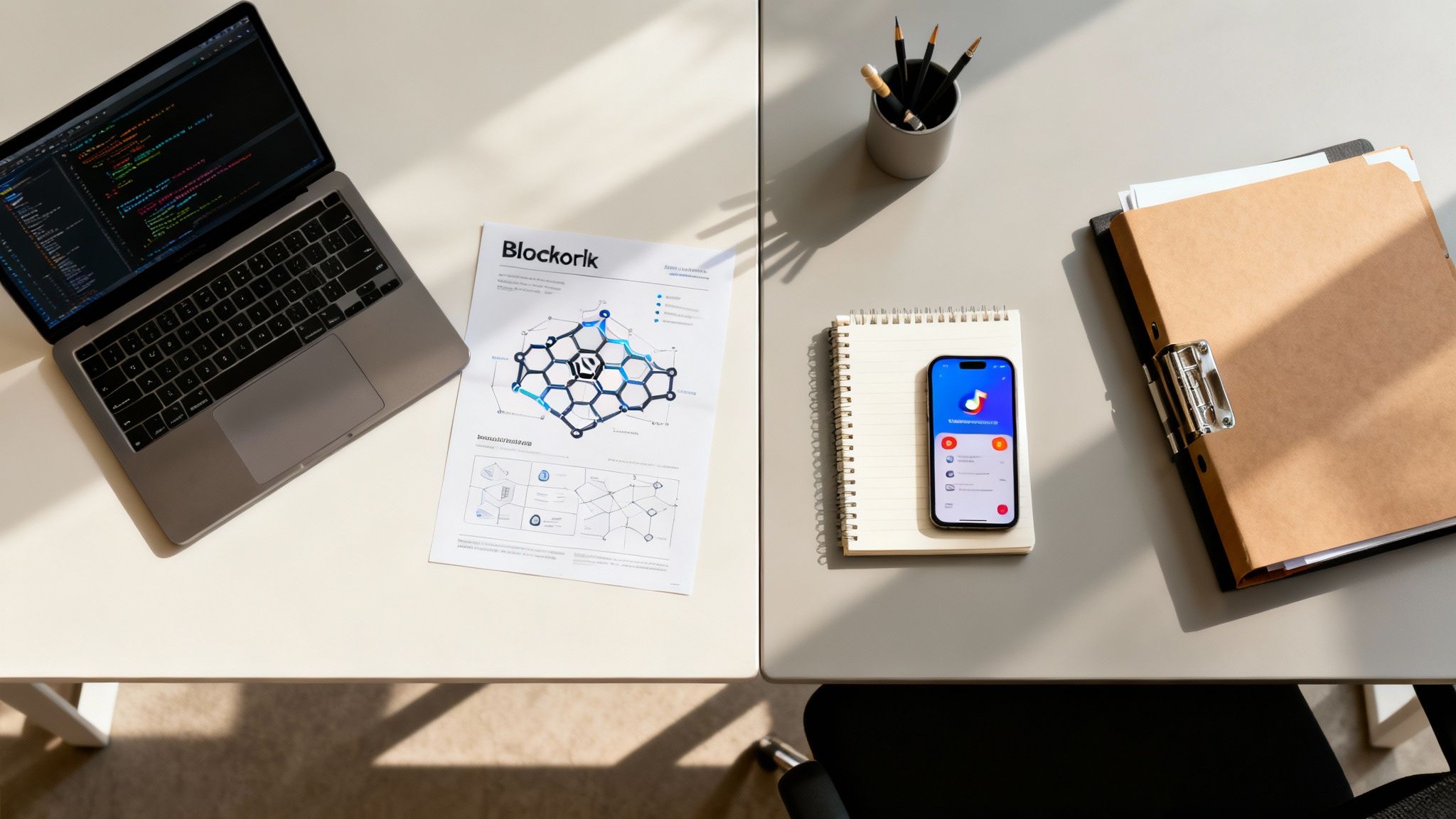 An overhead view of a modern tech workspace with a laptop, blockchain-related documents, and a smartphone.