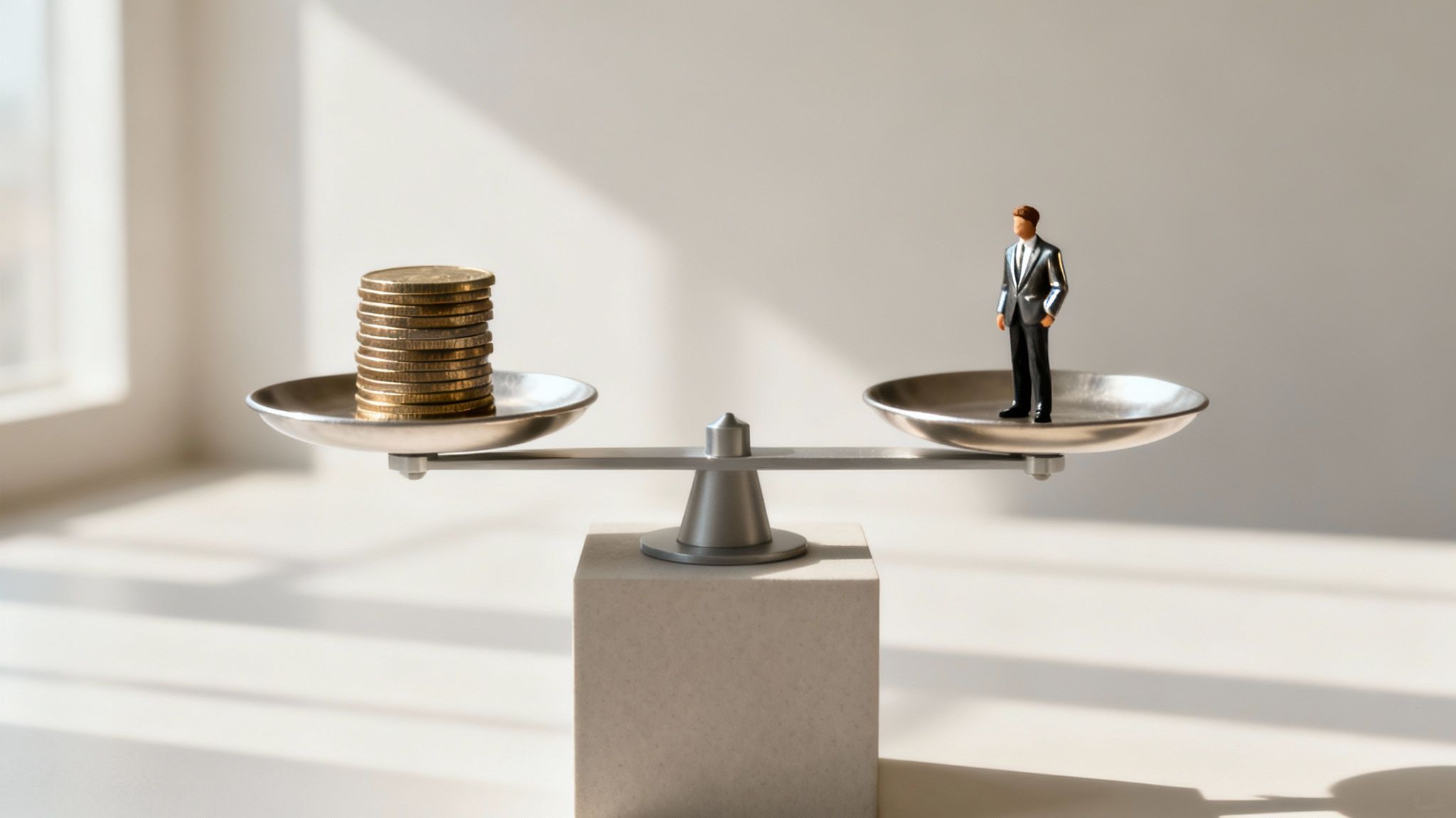 Miniature businessman figure and stack of coins balanced on scale representing equal value