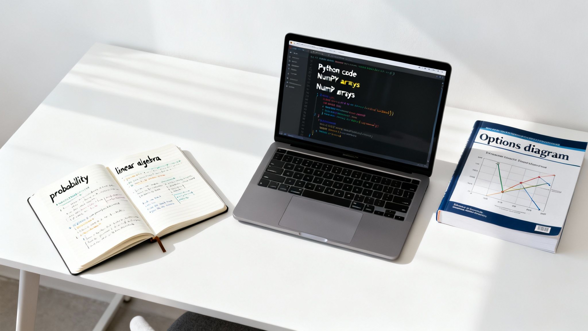 A desk with a laptop showing Python code, an open notebook with math notes, and a finance book.