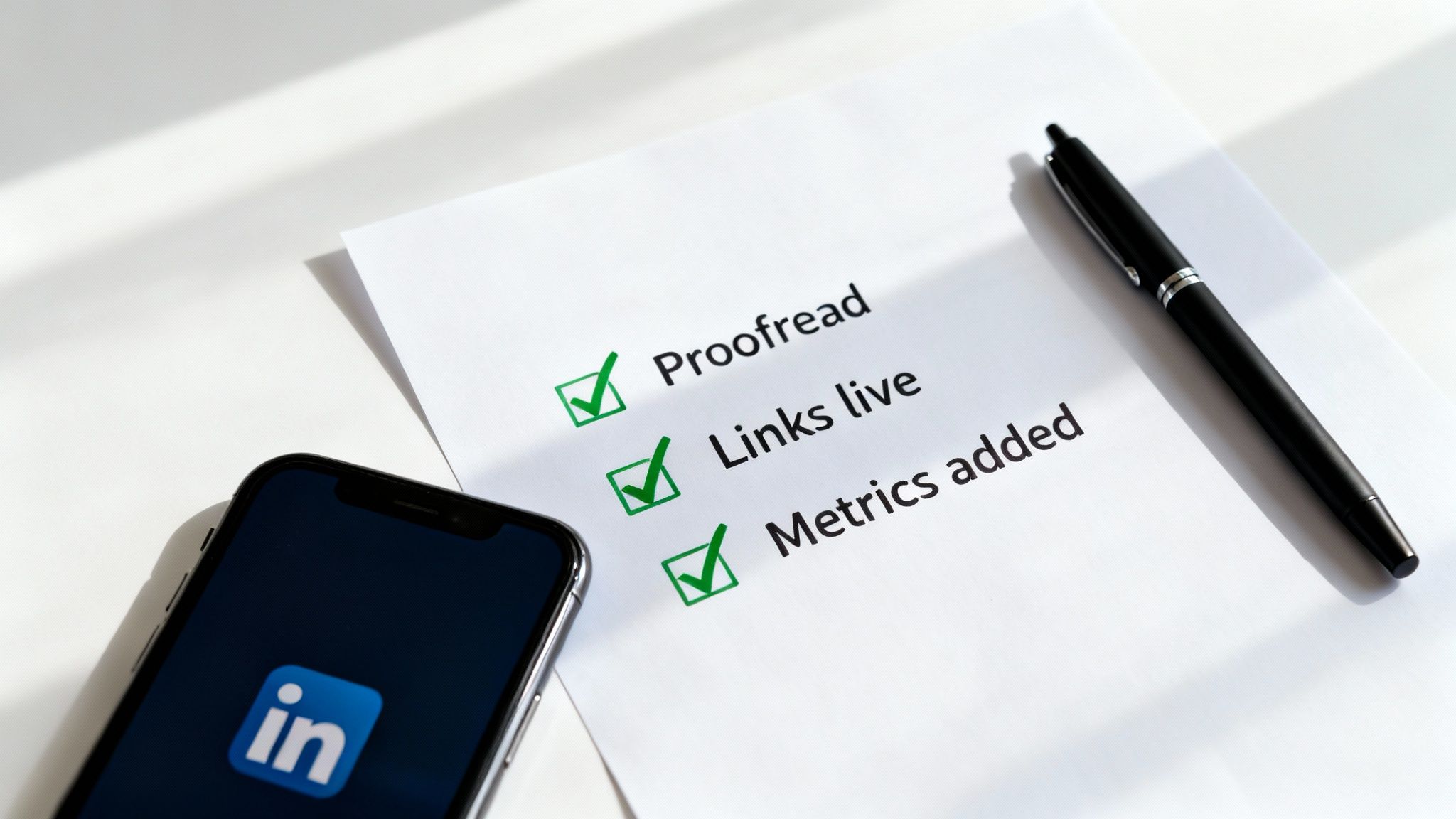 A completed checklist on white paper, showing 'Proofread,' 'Links live,' and 'Metrics added' checked. A pen and a phone displaying the LinkedIn app are also visible.