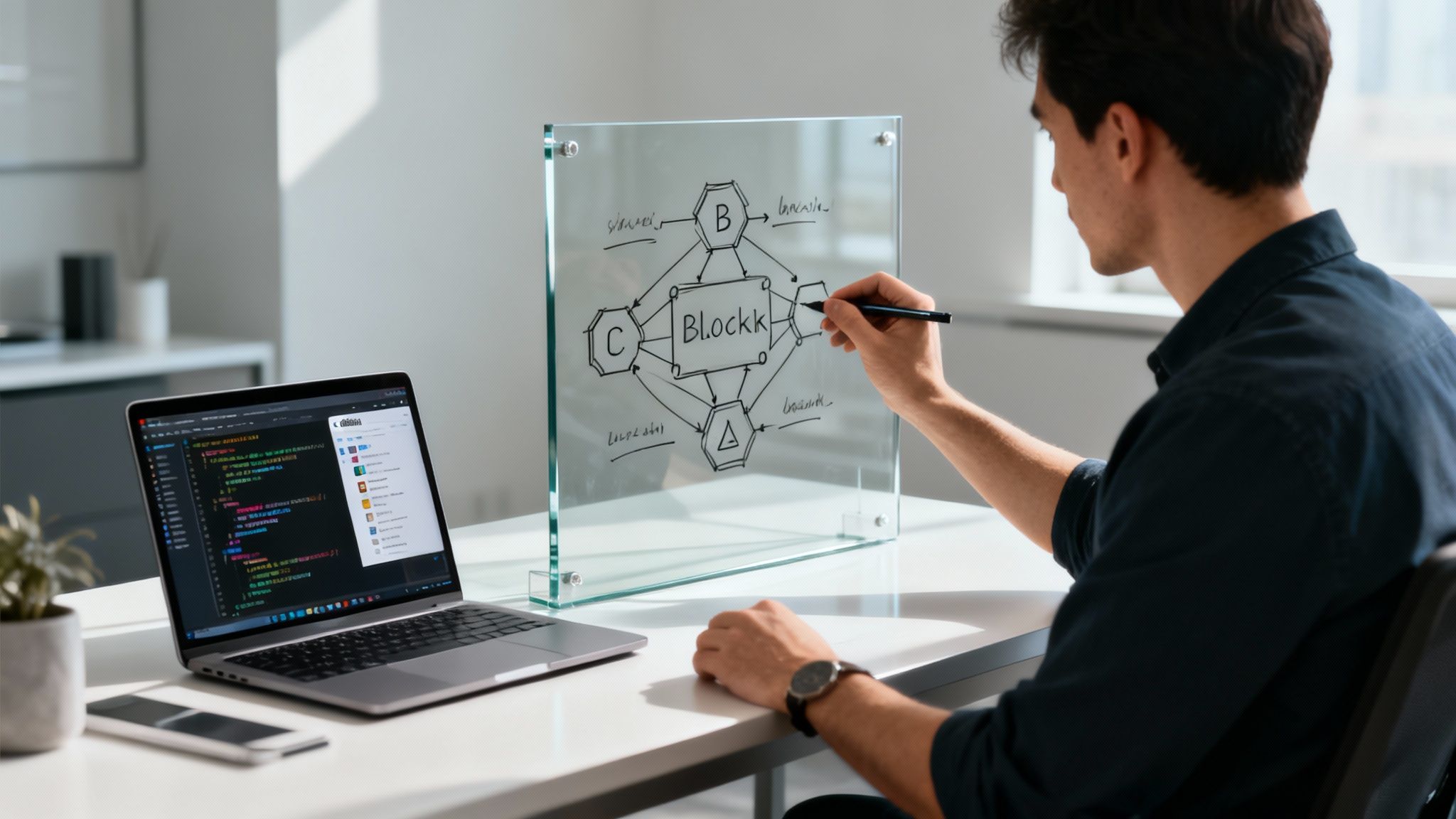 A man draws a diagram on a glass board while coding on a laptop in a modern office.