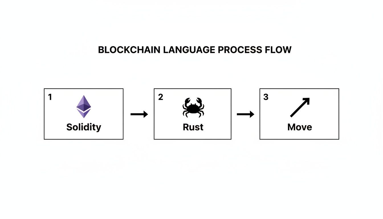 A process flow diagram illustrating blockchain languages: Solidity, Rust, and Move, in sequential order.