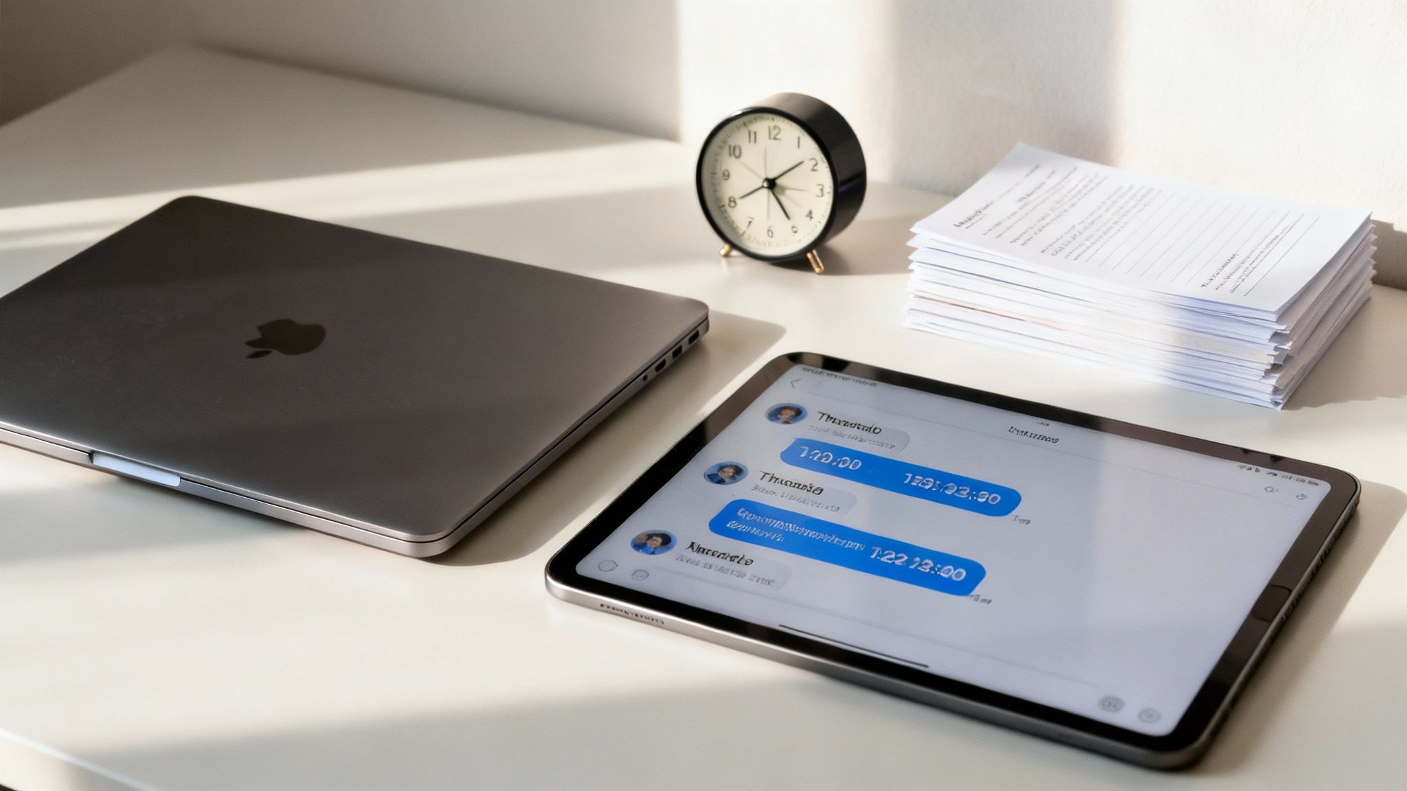 Modern workspace with laptop, tablet showing scheduled messages, clock, and paper stack on white desk
