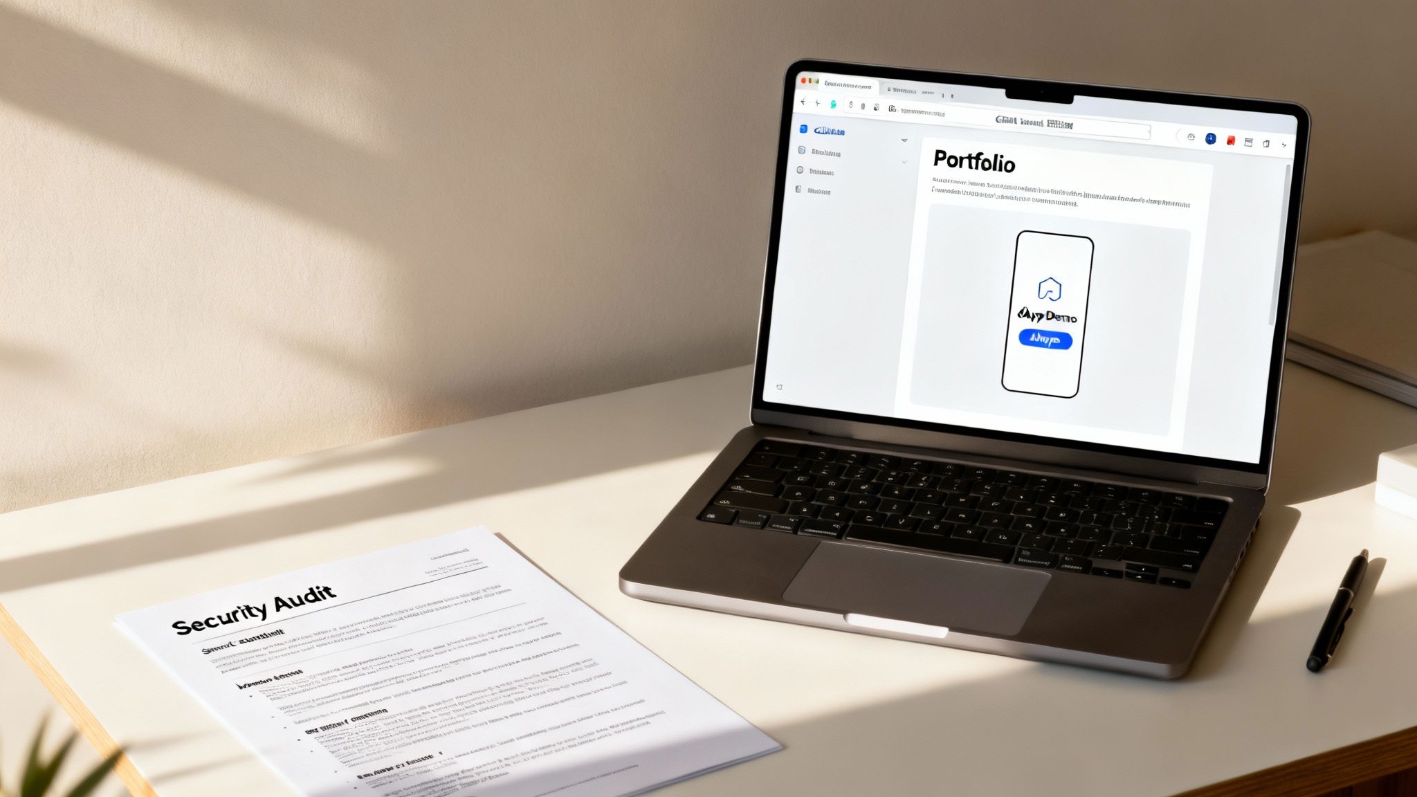A laptop displaying a portfolio page with an app demo, next to a security audit document on a light desk.